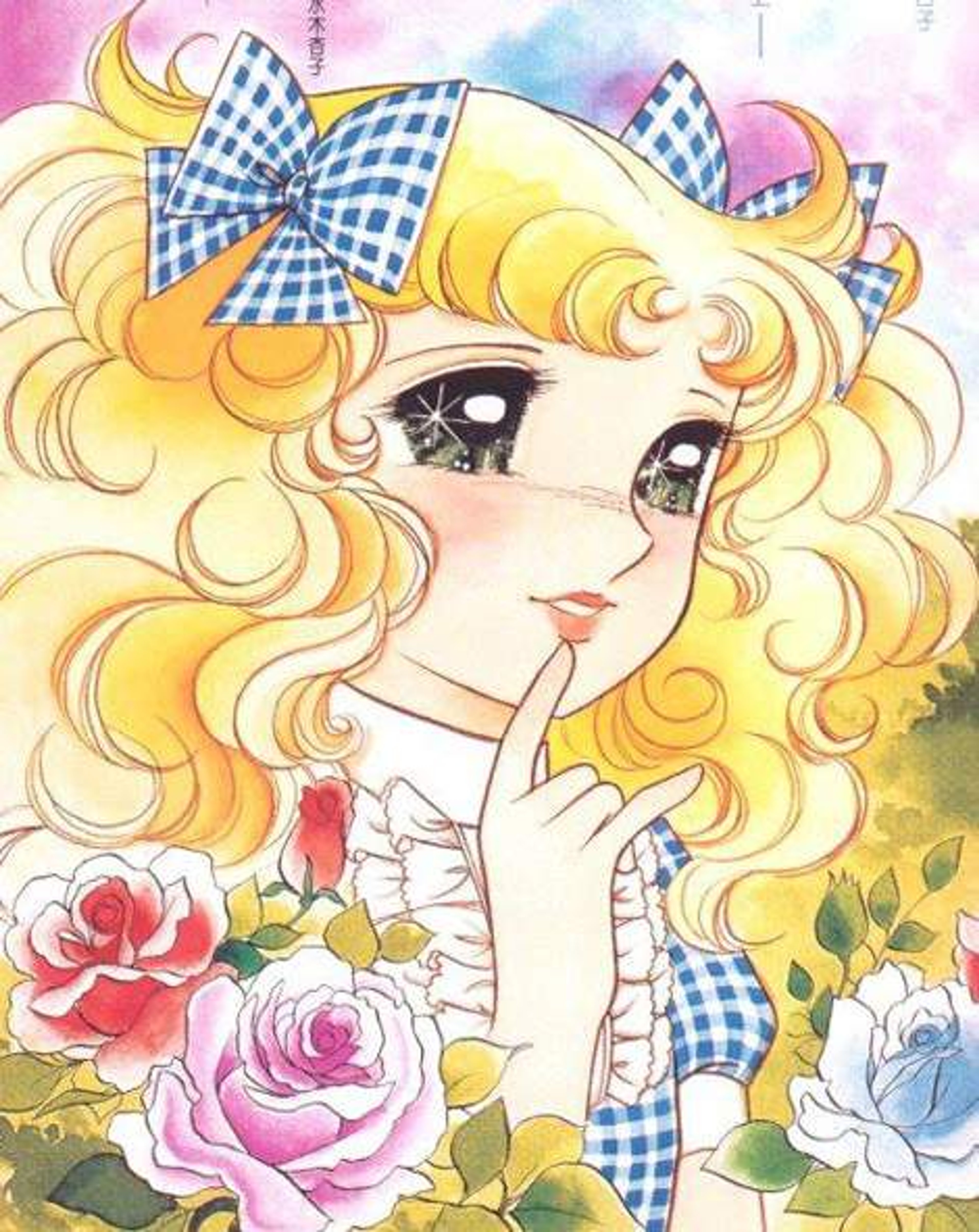 A young, blonde-haired woman with a kind expression, wearing a white dress with a checkered bow, set against a colorful floral background with a crescent moon.