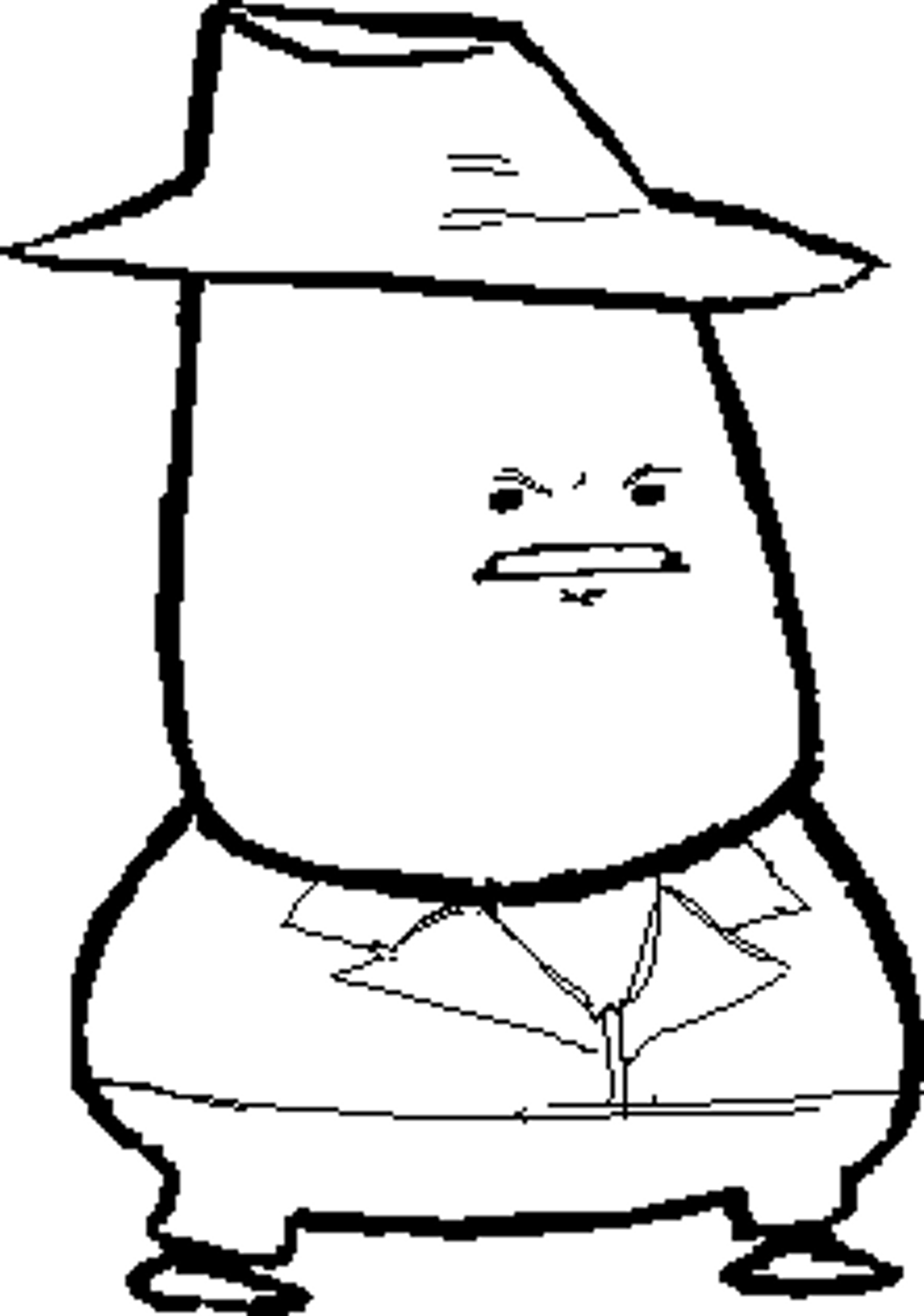 A cartoon character with a large, round head and a stern, frowning expression, wearing a dark hat or hood.