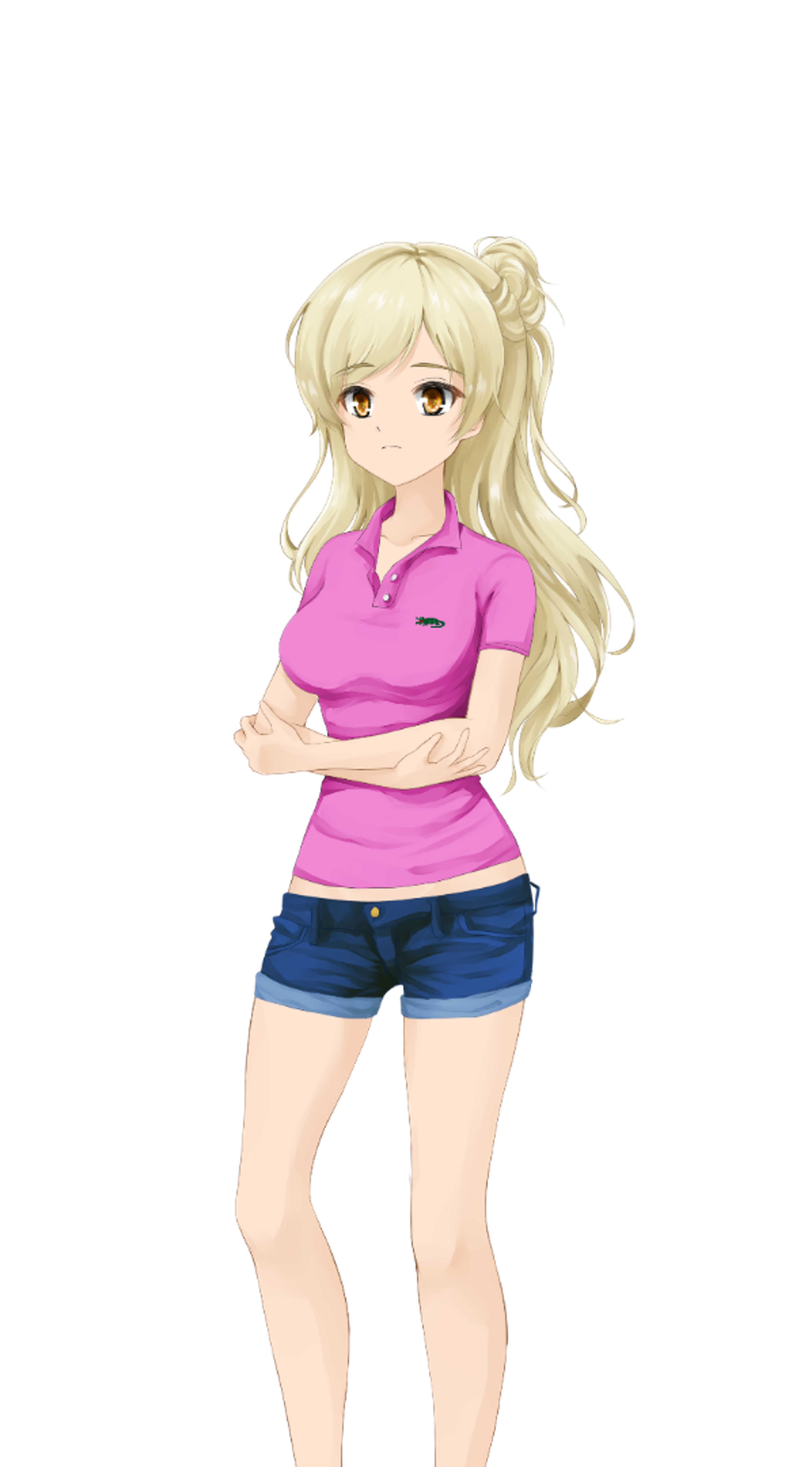 An anime-style illustration of a blonde teenage girl with amber eyes, wearing a pink polo shirt and blue shorts.