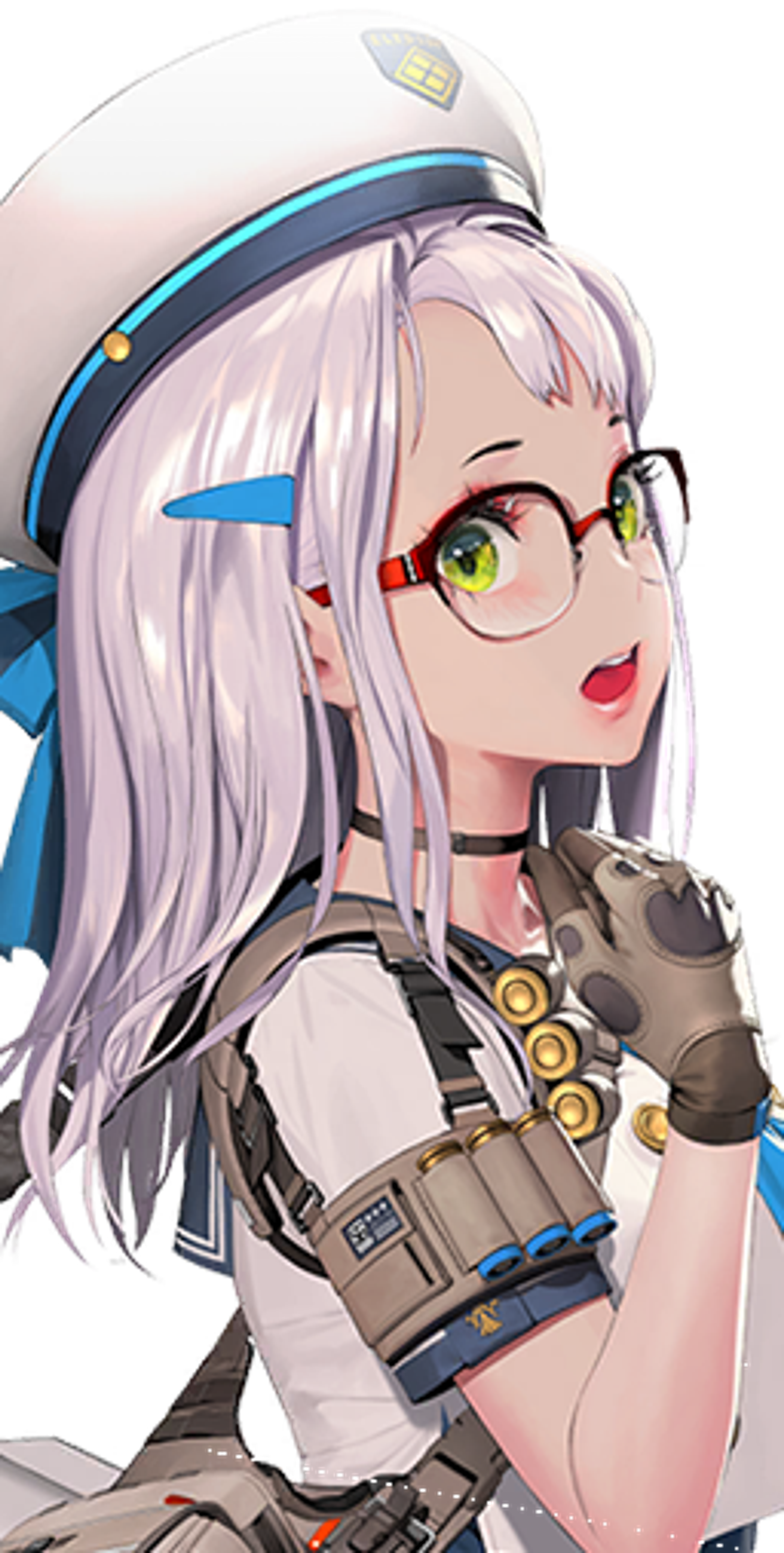 An anime-style character with silver hair and green eyes wearing a military uniform and holding a large weapon