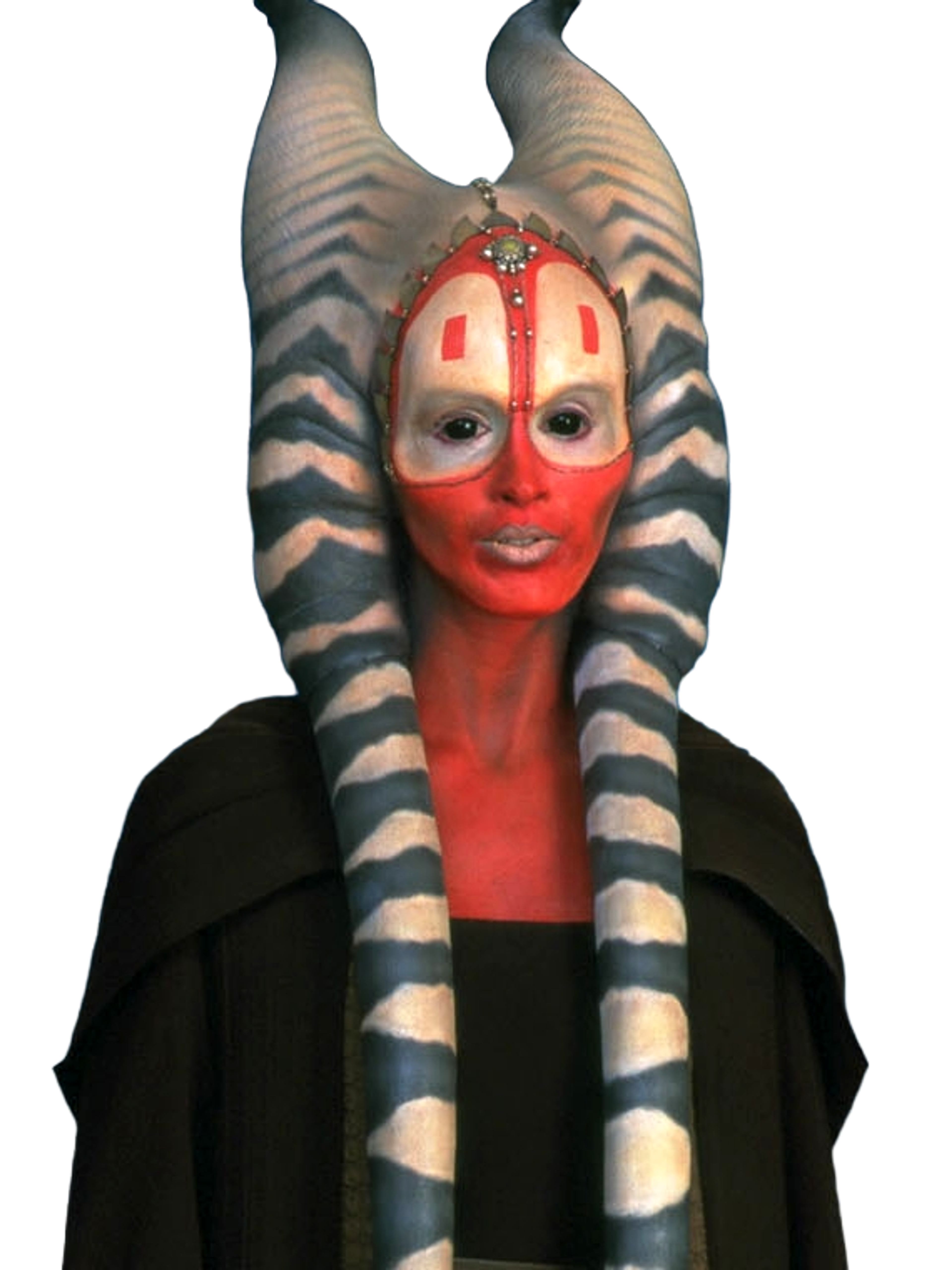 A female humanoid character with red skin, horns, and elaborate facial markings wearing a black robe