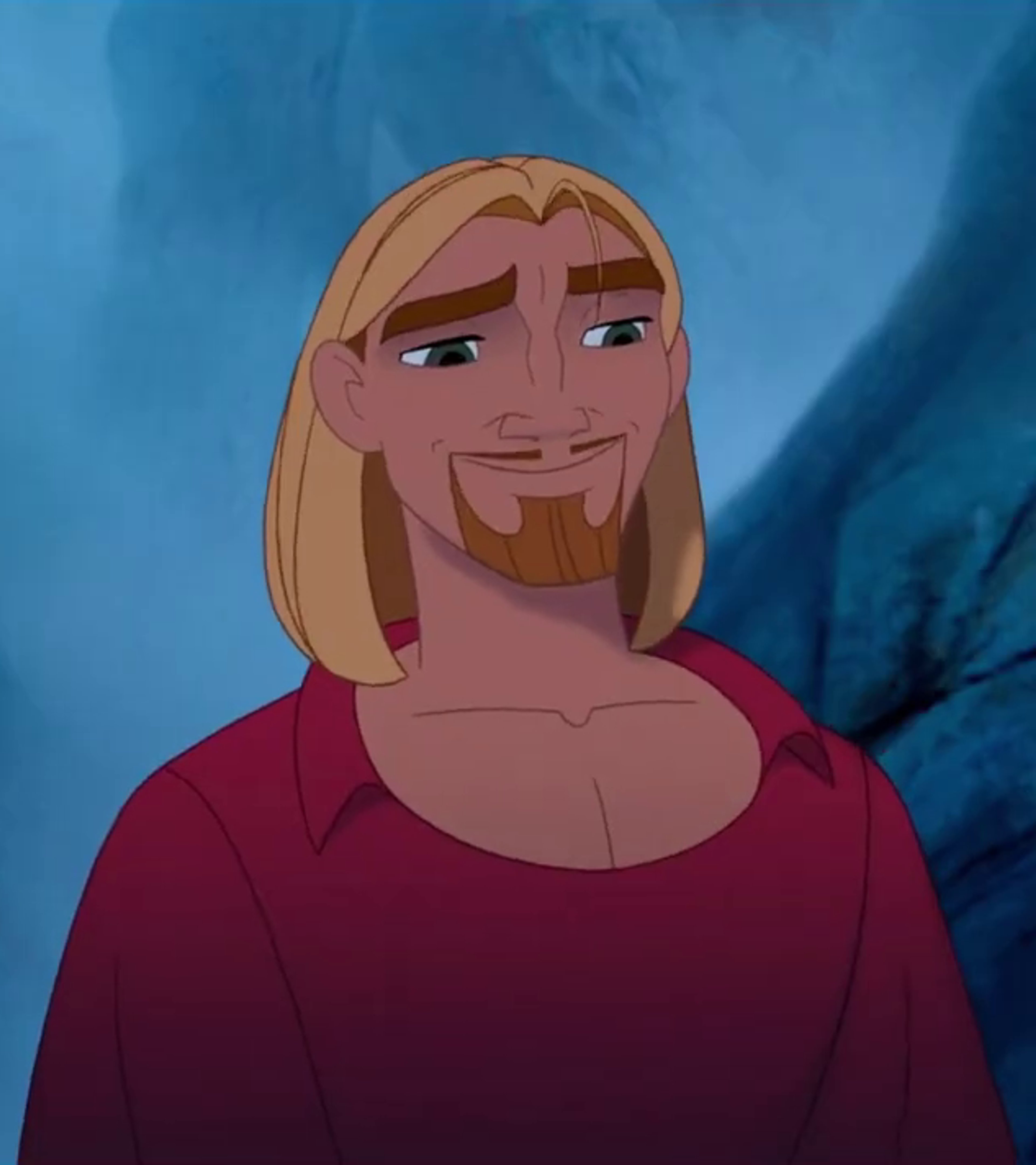 An animated male character with long blonde hair, a beard, and a red shirt
