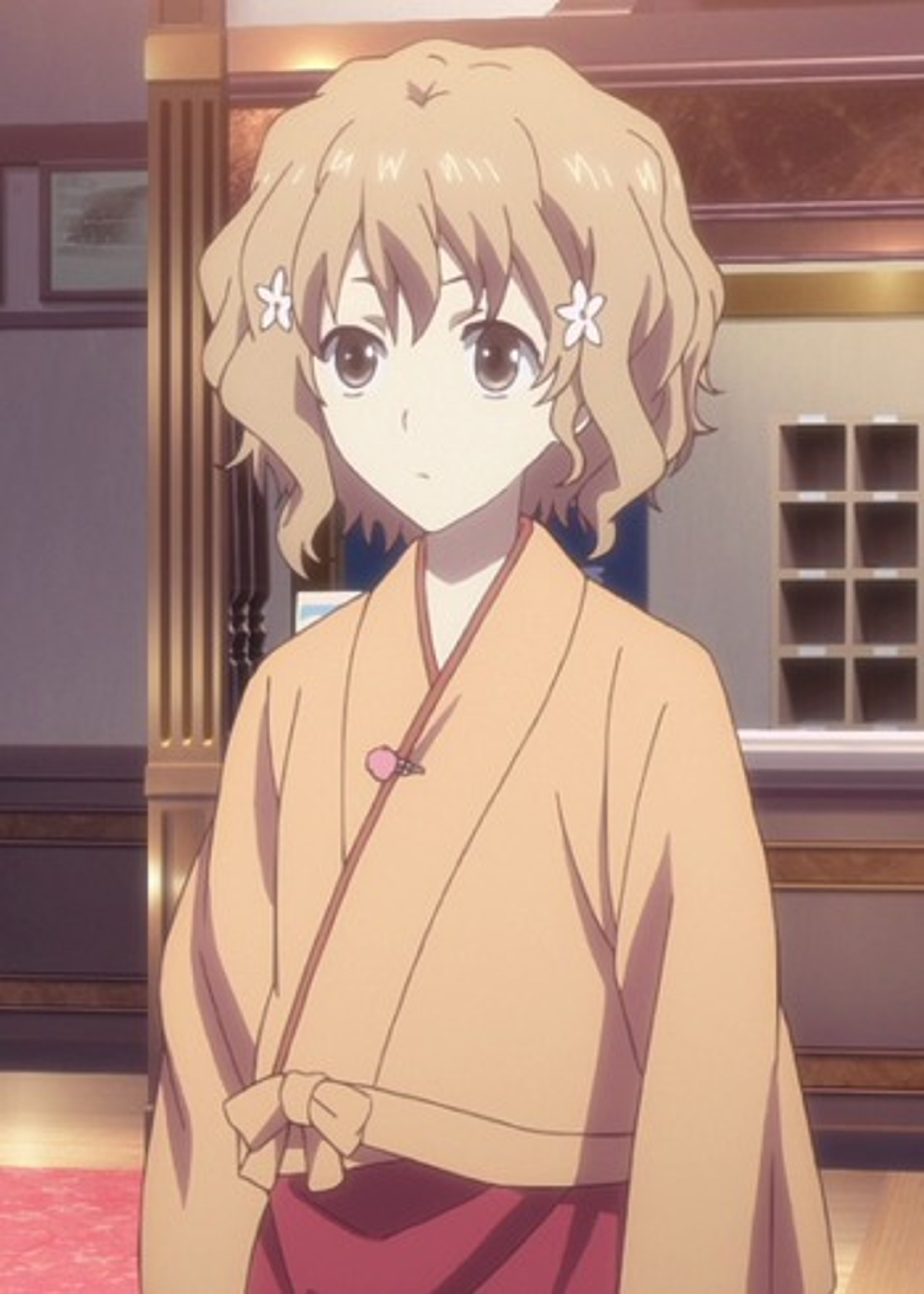 An anime-style character with long blonde hair wearing a light-colored kimono or robe