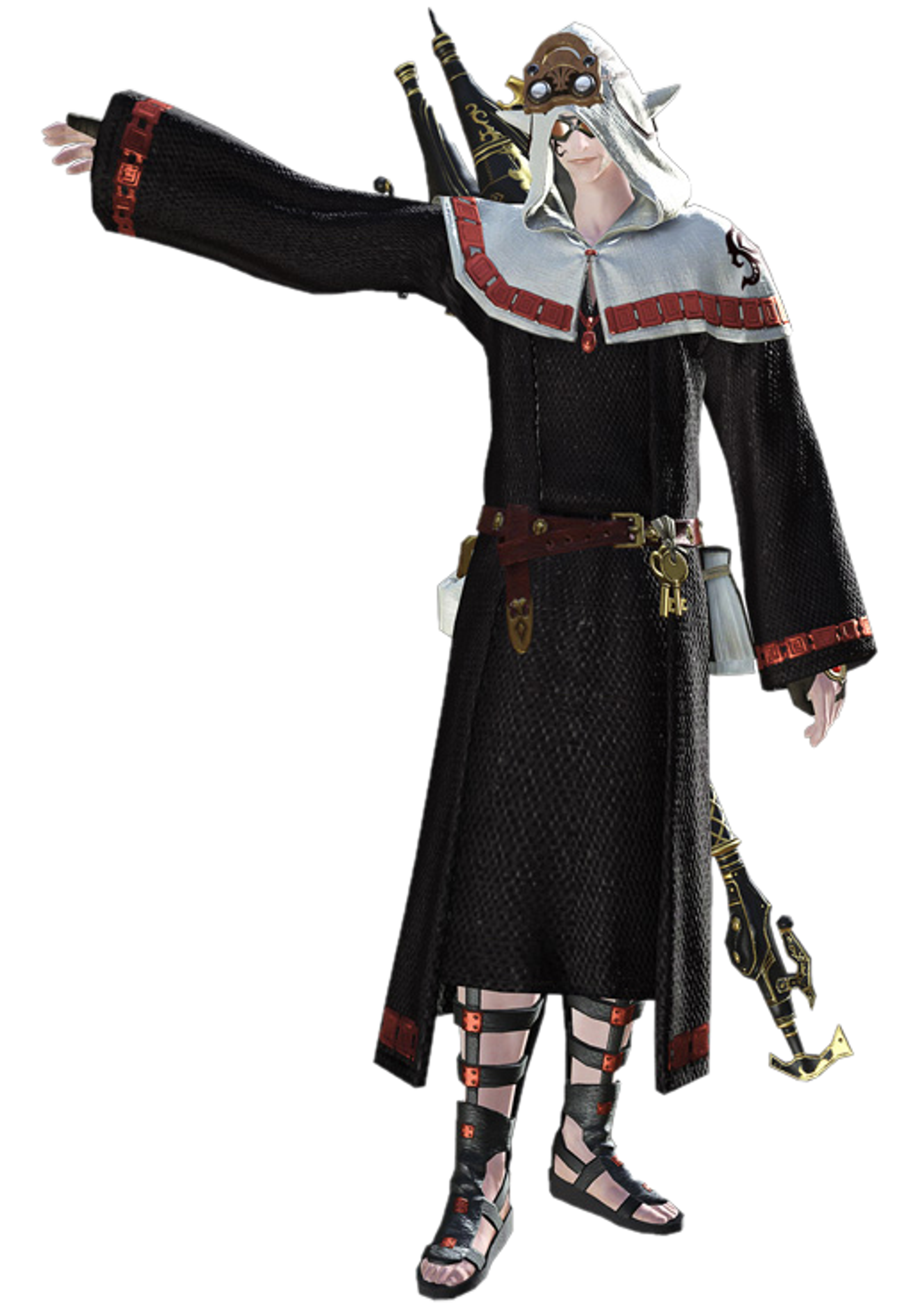 An elven character named Urianger Augurelt, a scholar and member of the Scions of the Seventh Dawn, wearing a long black robe with red and gold accents and holding a large staff or scepter.