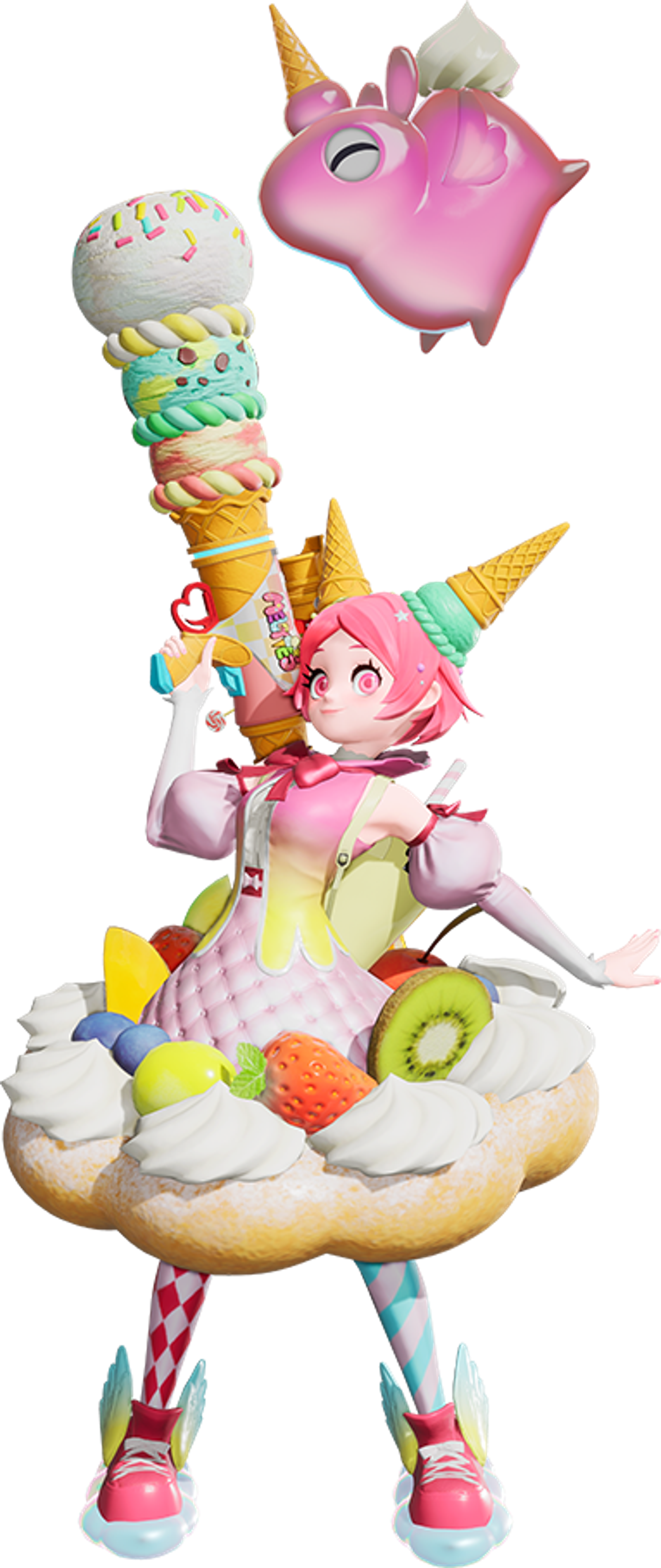 A highly detailed, stylized character with bright pink hair, a puffy princess-style dress decorated with sweets, and holding a large ice cream cone-shaped weapon.