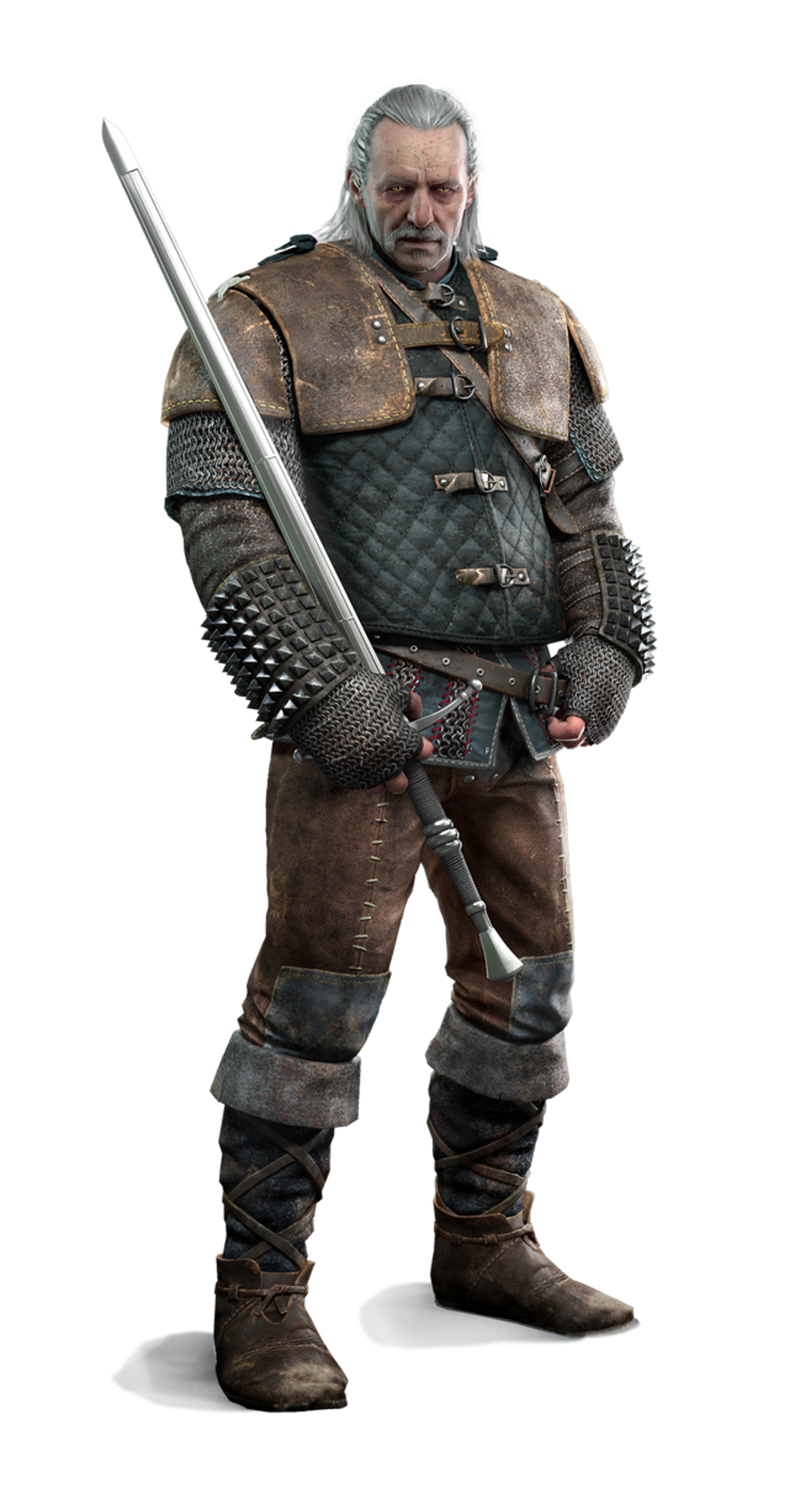 An older man in armor holding a sword