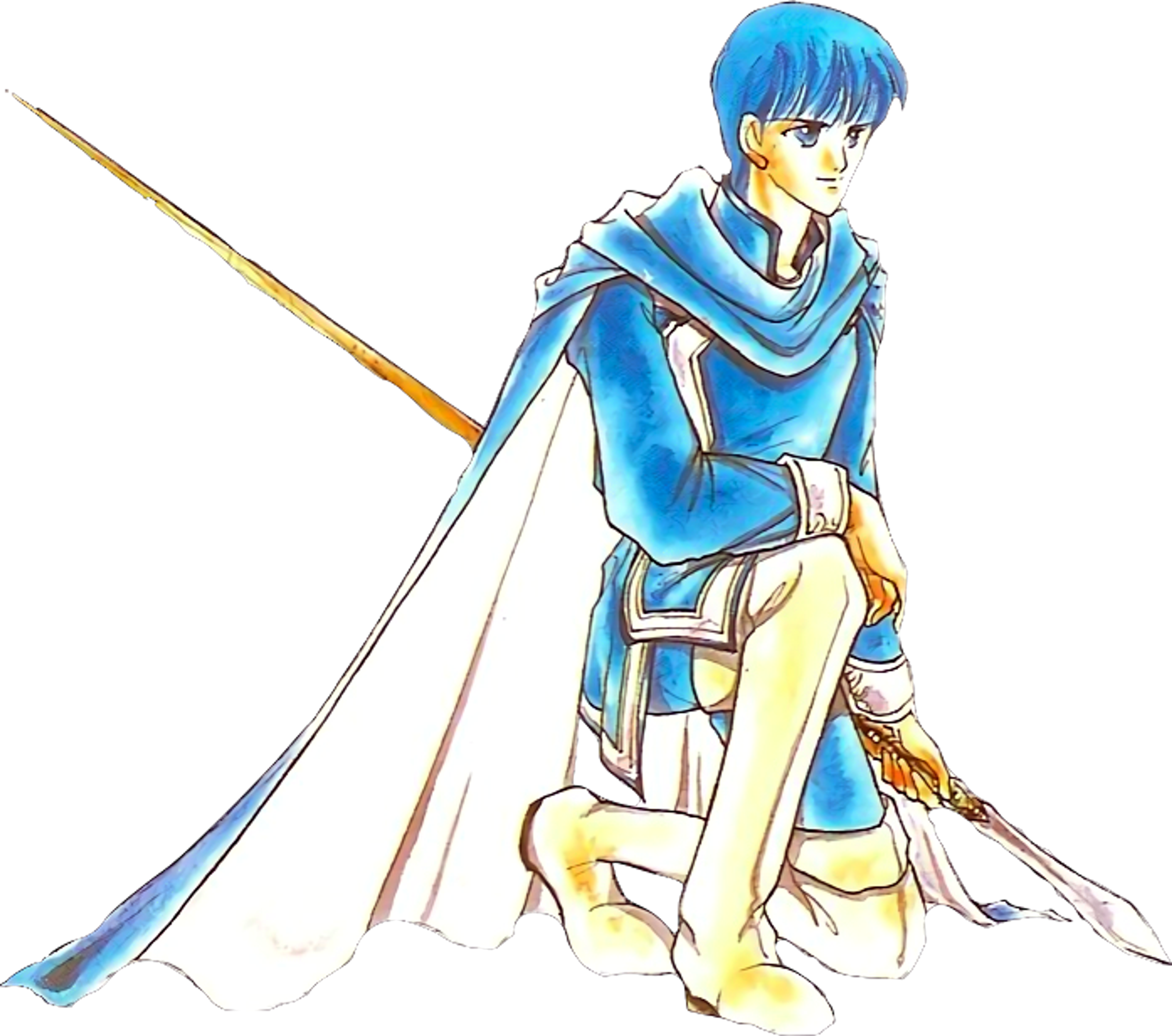 A young blue-haired knight holding a lance