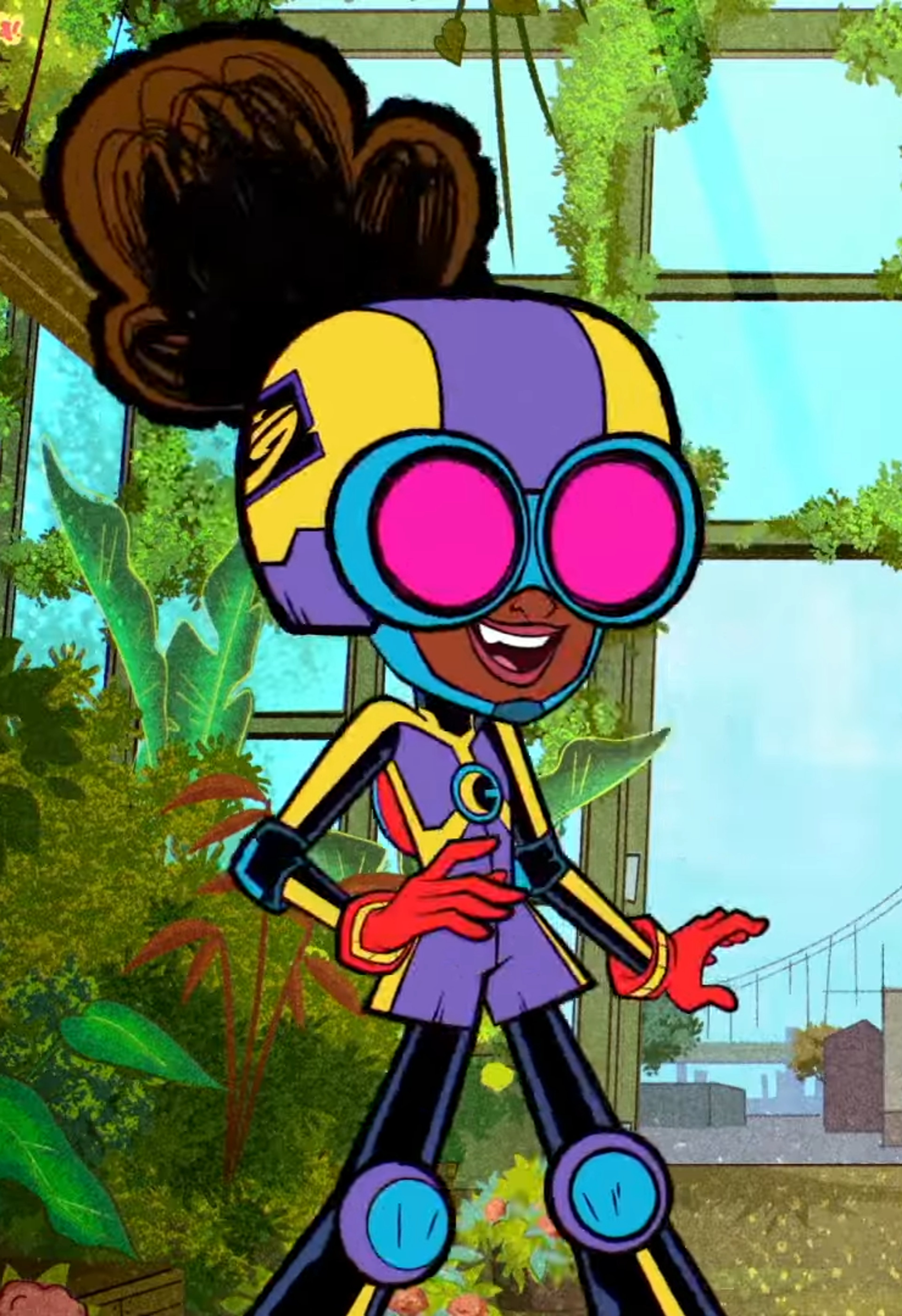 An animated character with a large, bushy hairstyle, violet glasses, and a colorful, stylized costume.