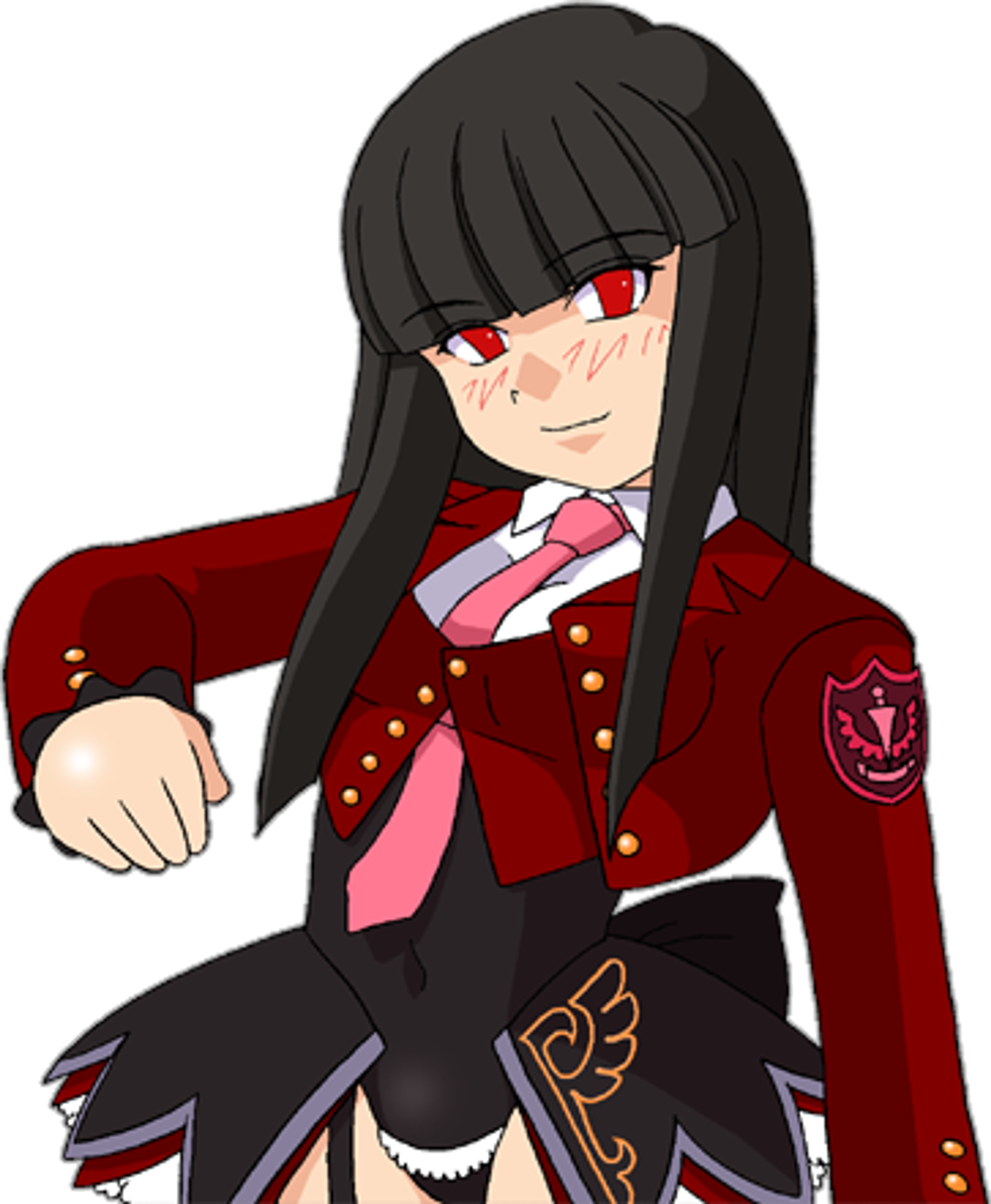 An anime-style character with long black hair, red eyes, and a red military-style uniform