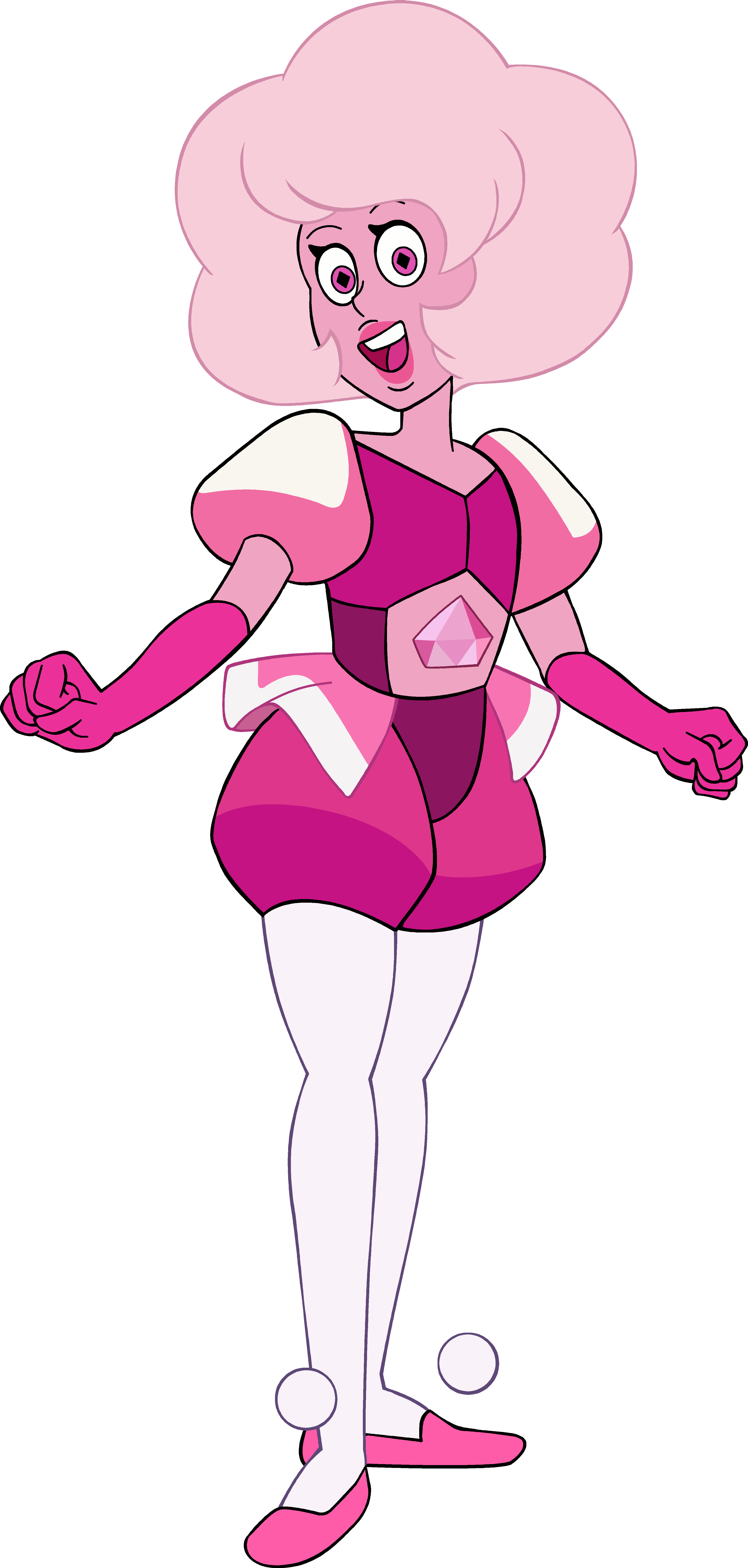 A pink-colored humanoid character with a fluffy hairstyle, deep pink eyes, and a gemstone on their navel, wearing a cerise leotard and ballet-like slippers.