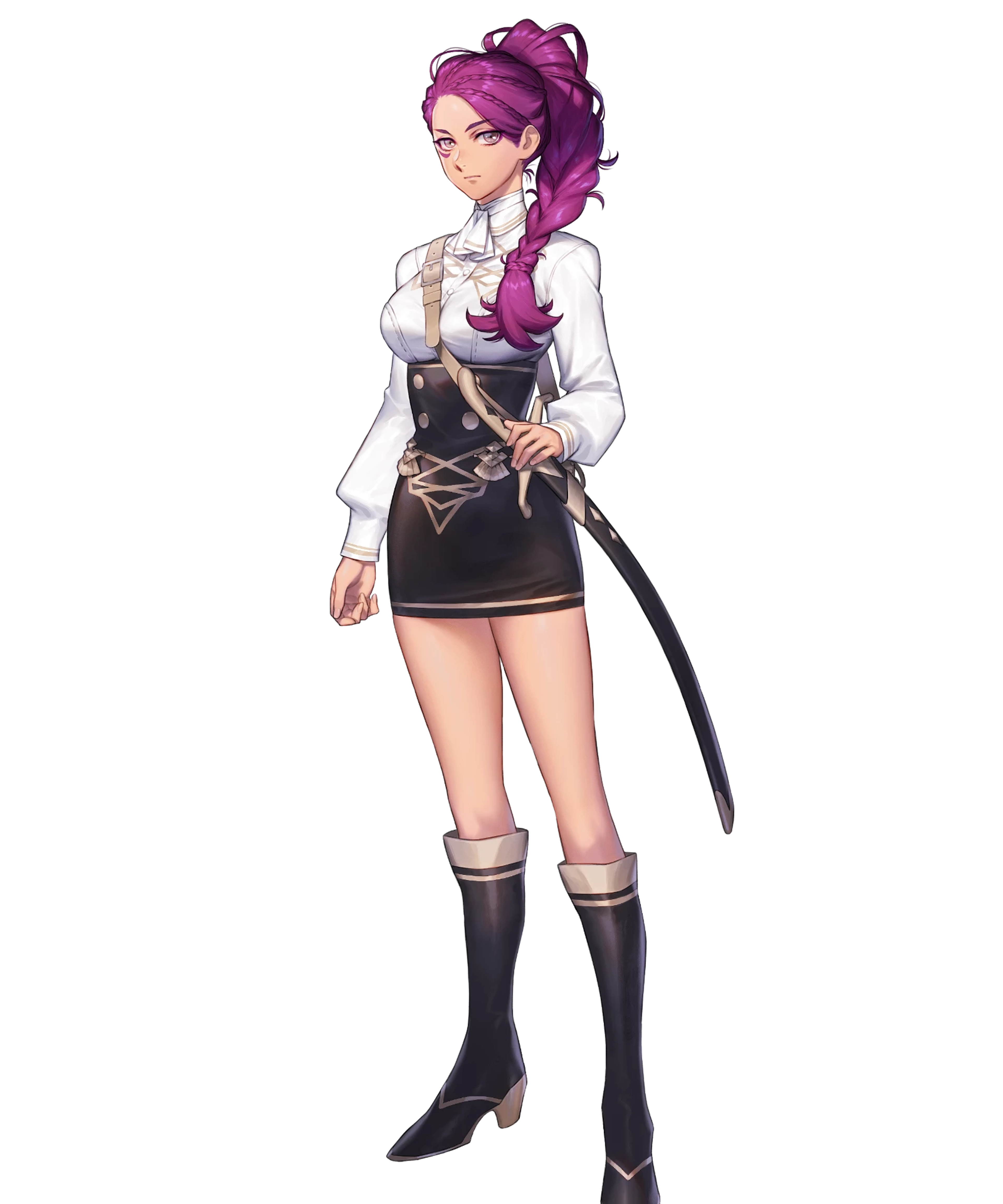 A young woman with purple hair and a determined expression, holding a sword.