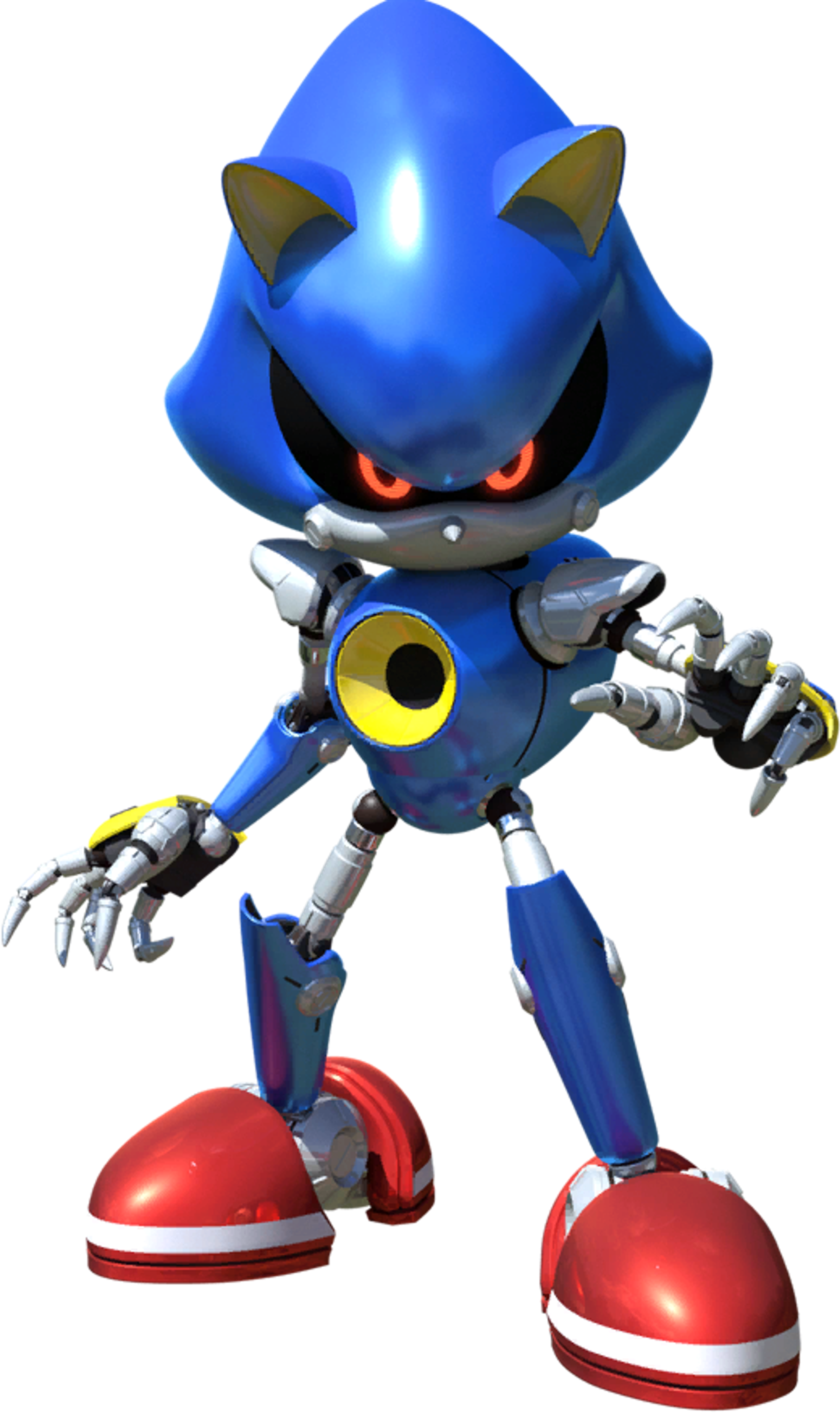 A blue robotic character with red eyes and claws, in a combat-ready pose.