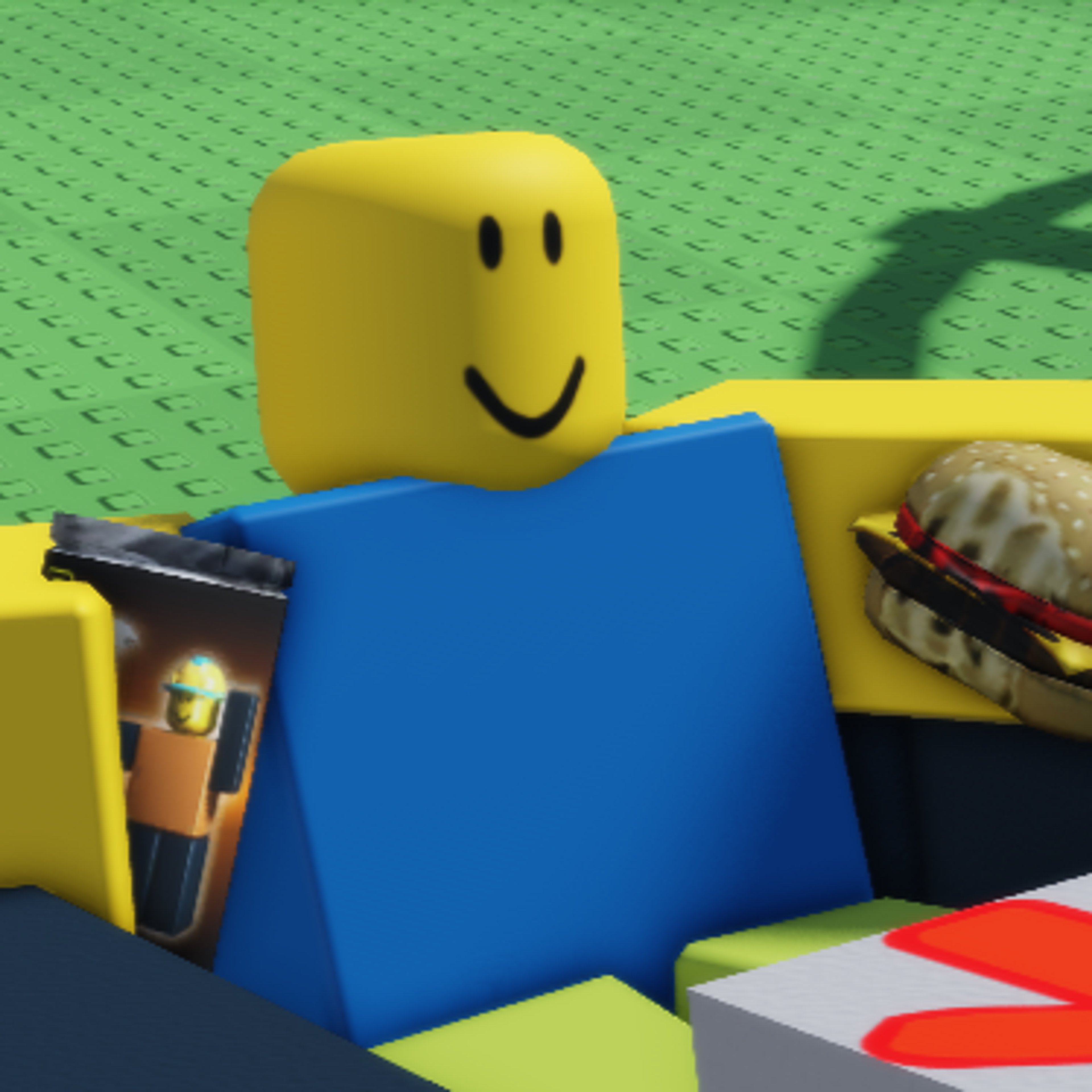 A Robloxian character with a worried expression, carrying snacks and items.