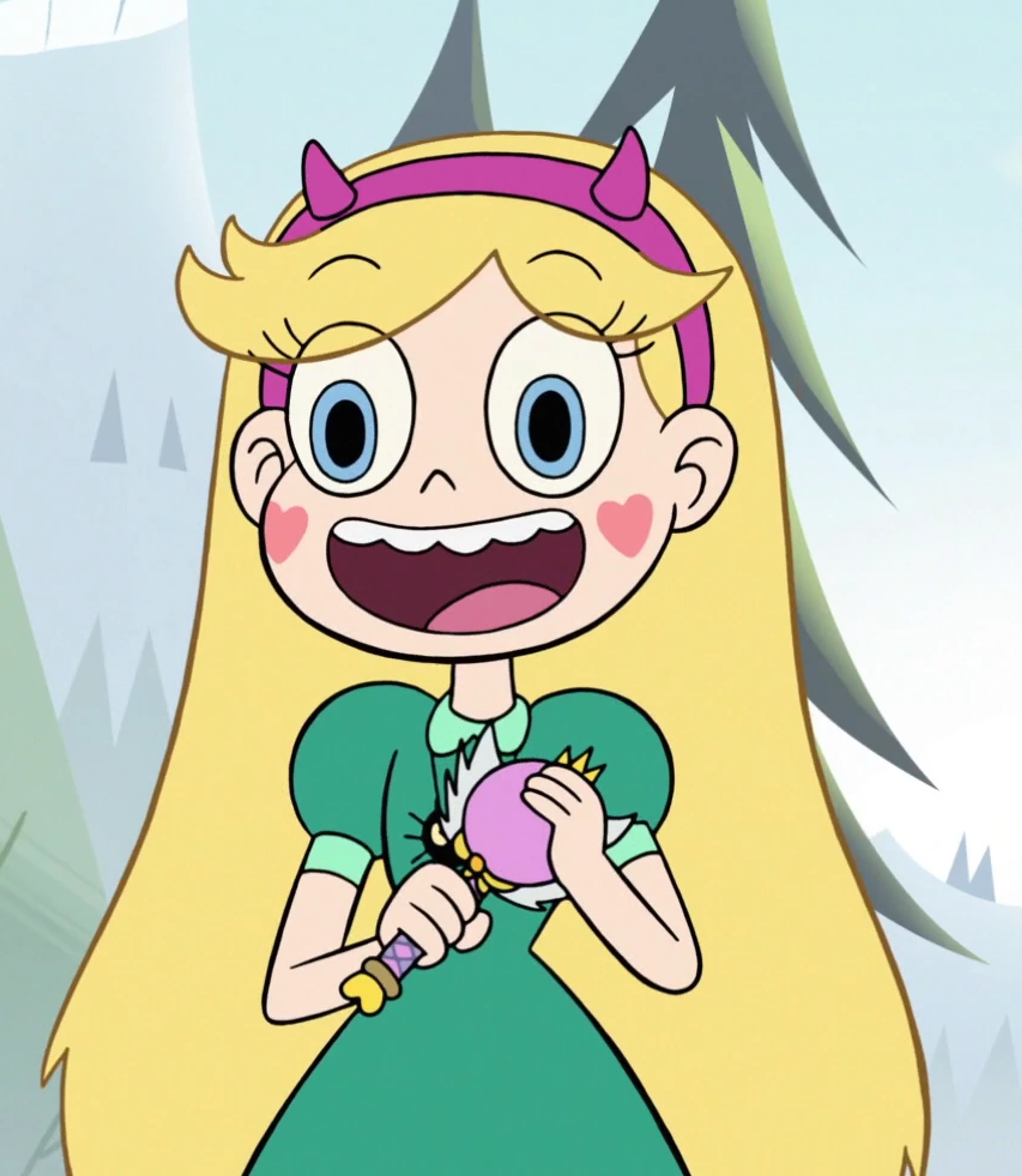 An animated cartoon character named Star Butterfly with long blonde hair, blue eyes, and pink heart-shaped markings on her cheeks, wearing a green dress and red devil horn headband, in a snowy, forested environment.