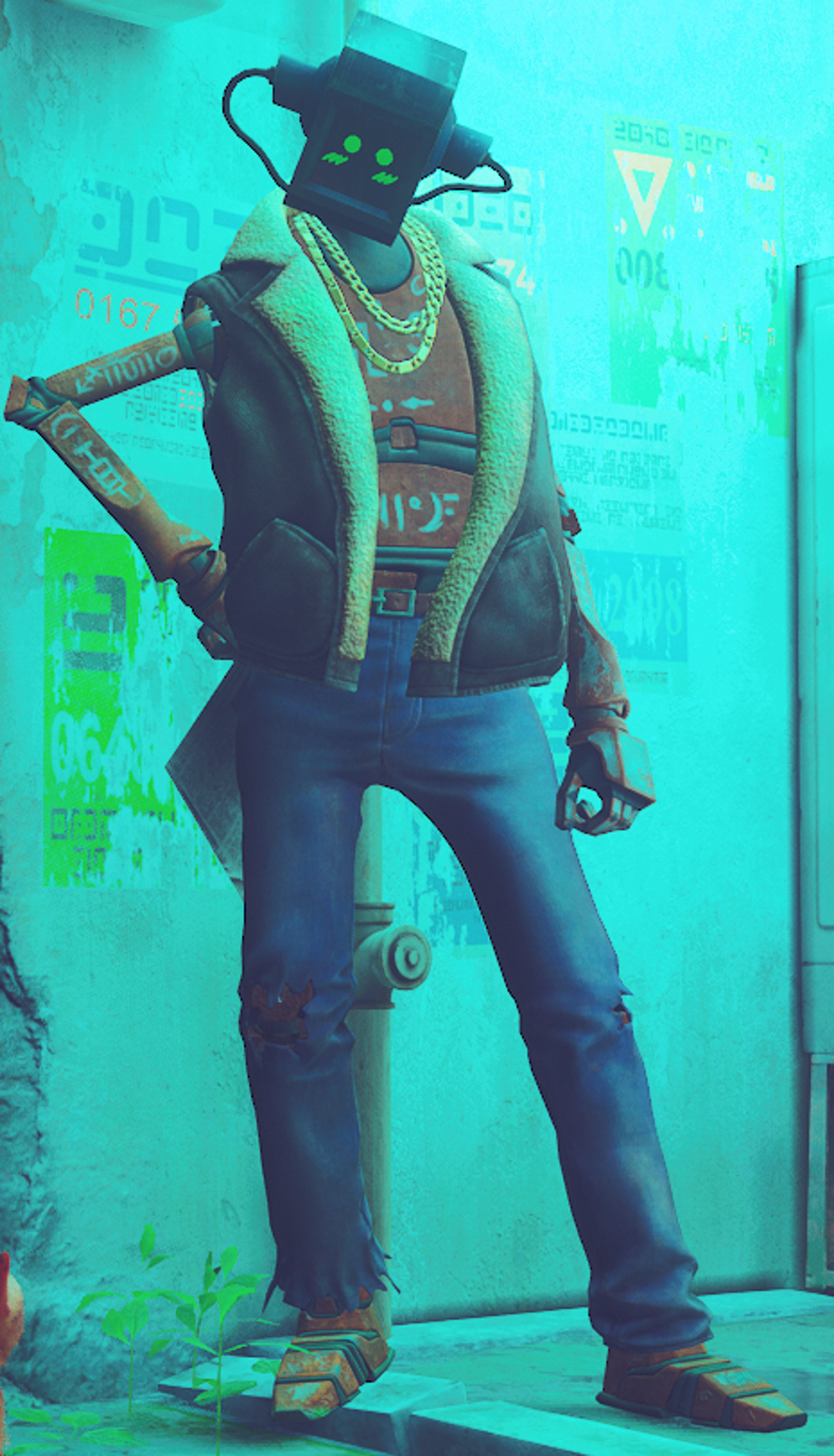 A cyberpunk robot character with a black head and rusty orange-grey body, wearing a vest, pants, and boots, and carrying various accessories.