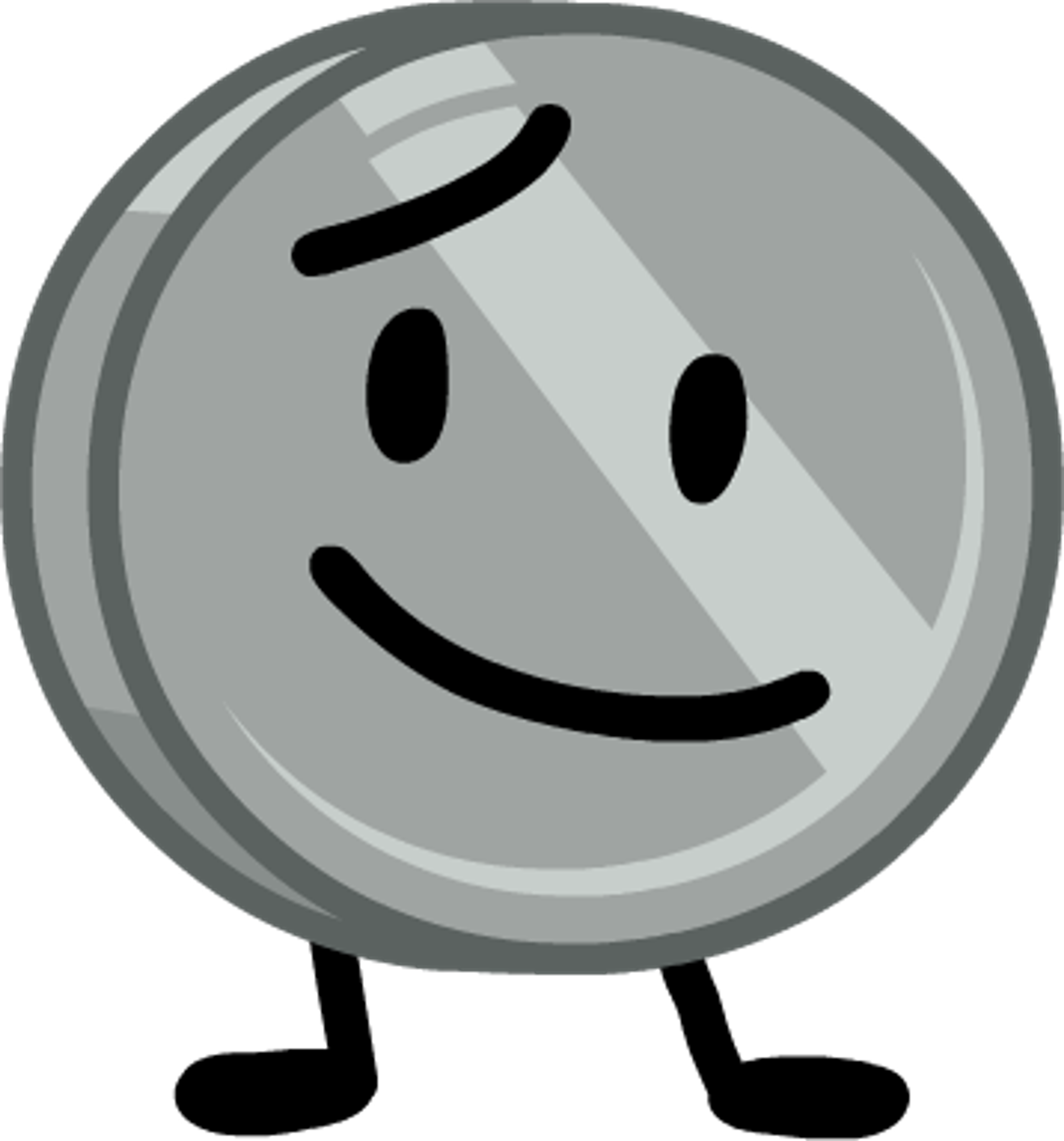 A gray circular coin-like character with a smiling face and black line features, standing on two small black legs against a green background.