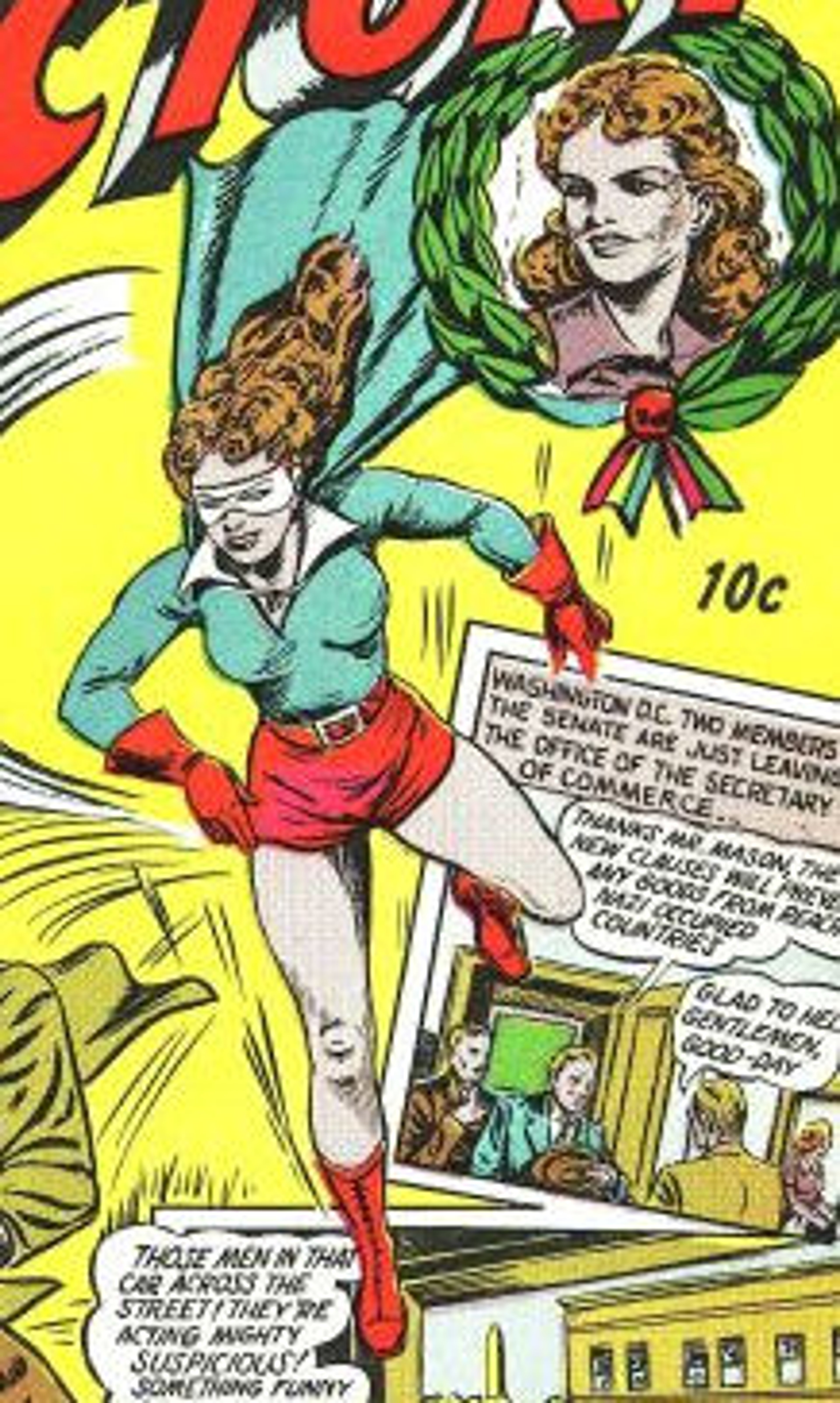 A female superhero character named Miss Victory in a red, white, and blue costume striking a heroic pose