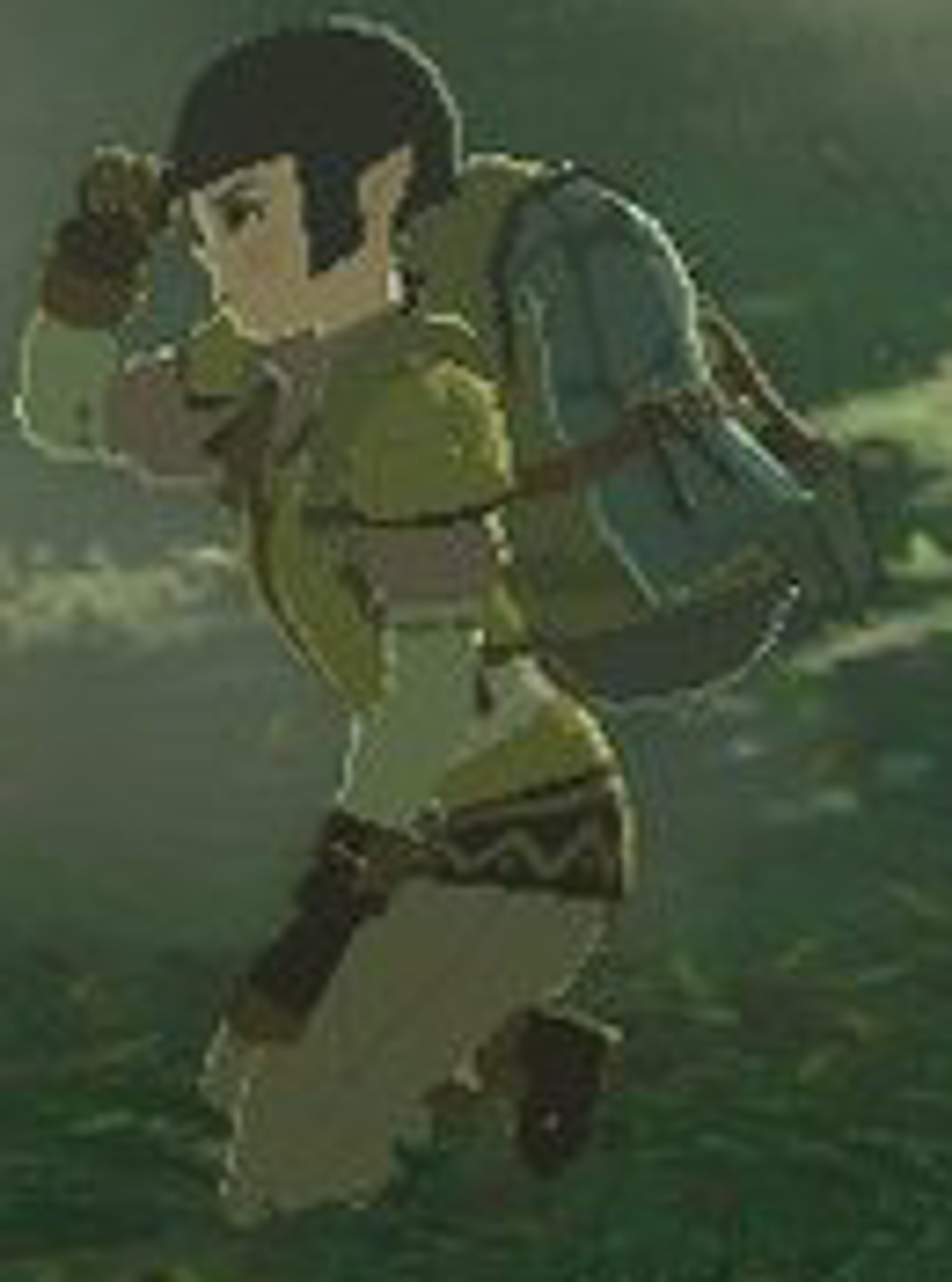 A young Hylian woman in a forest setting, holding a weapon or tool.