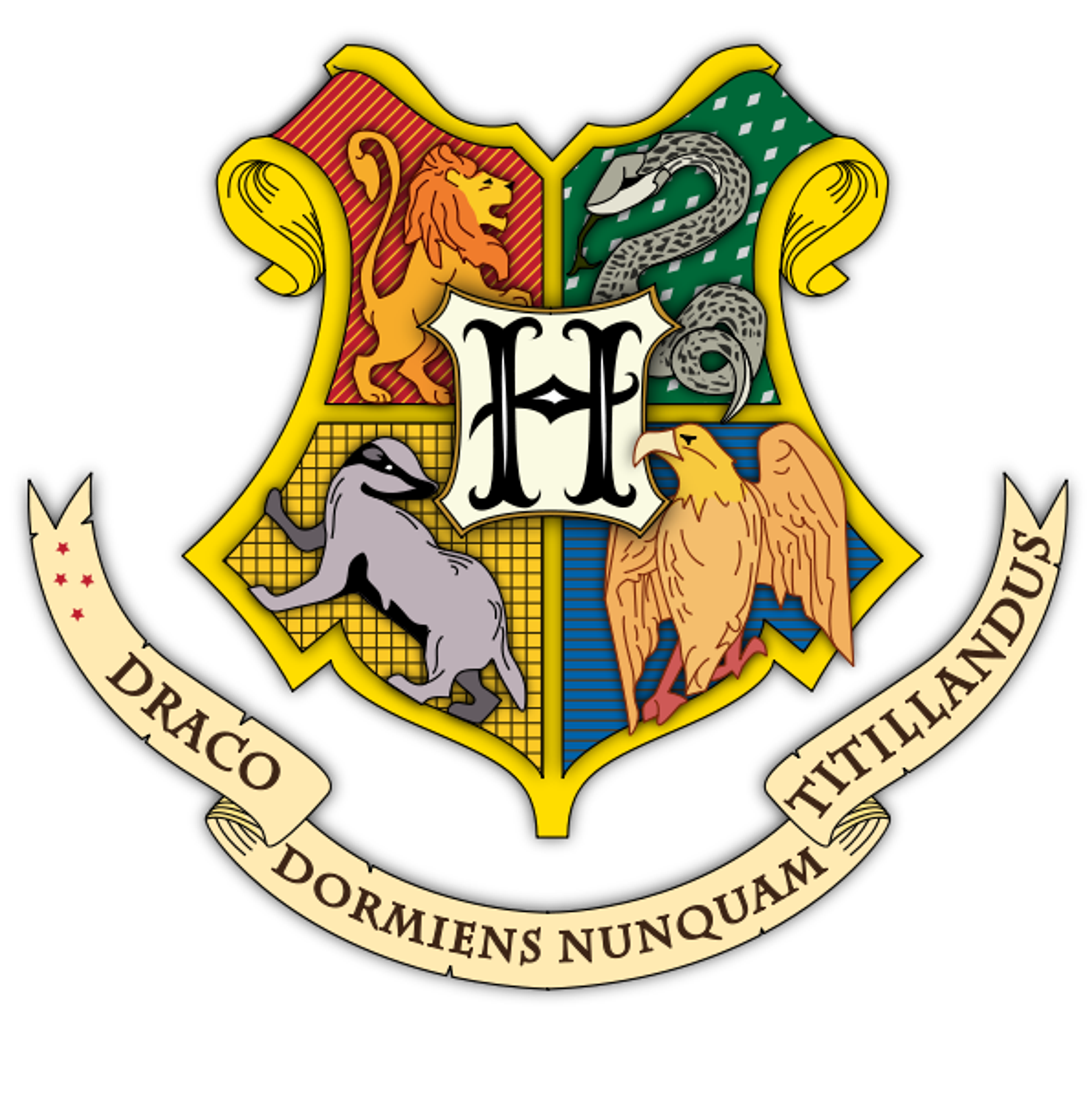 Hogwarts school crest with four house animals