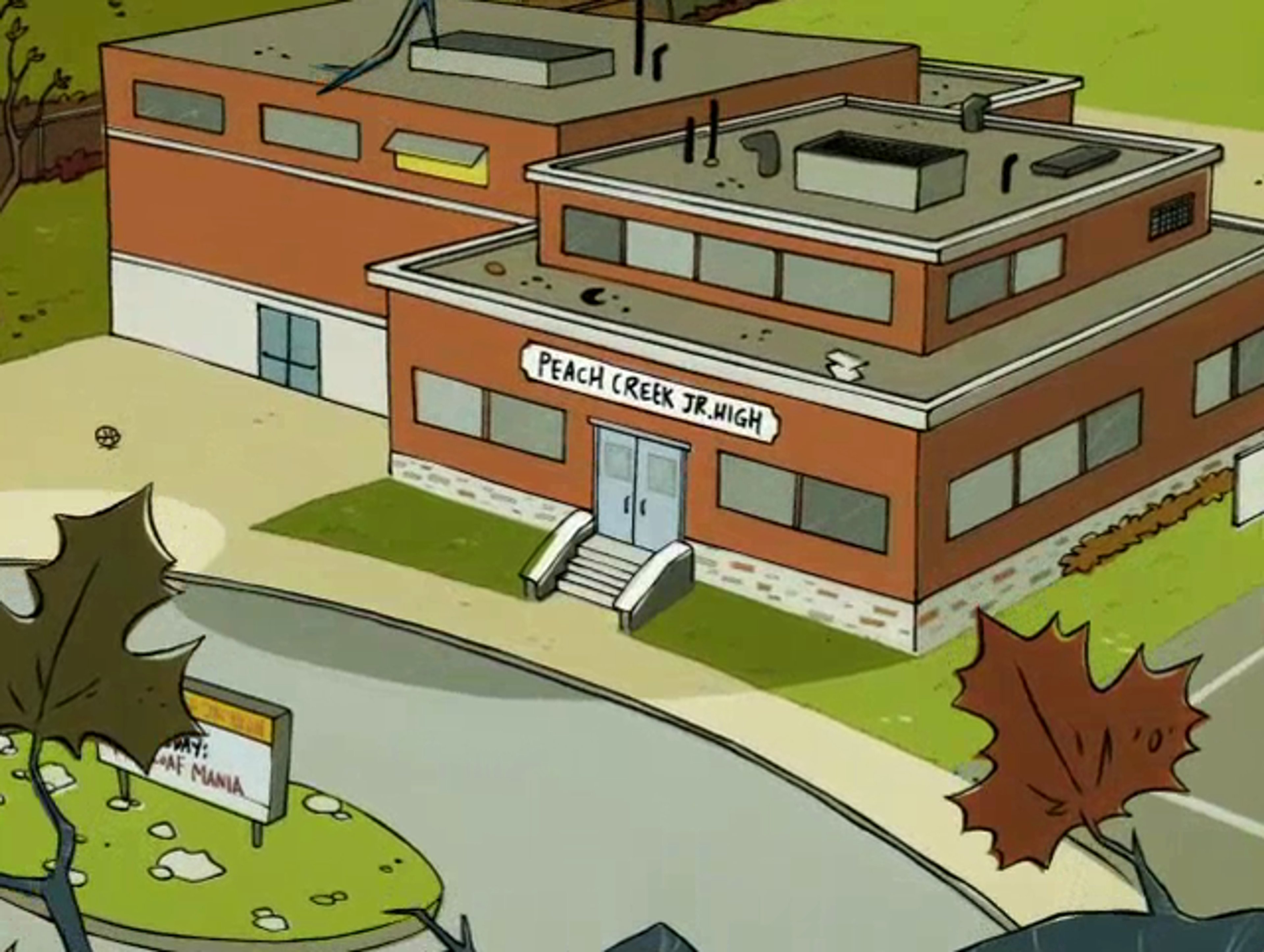 A detailed cartoon illustration of Peach Creek Jr. High, a school building with a distinctive orange and brown exterior and a green roof, surrounded by trees and foliage.