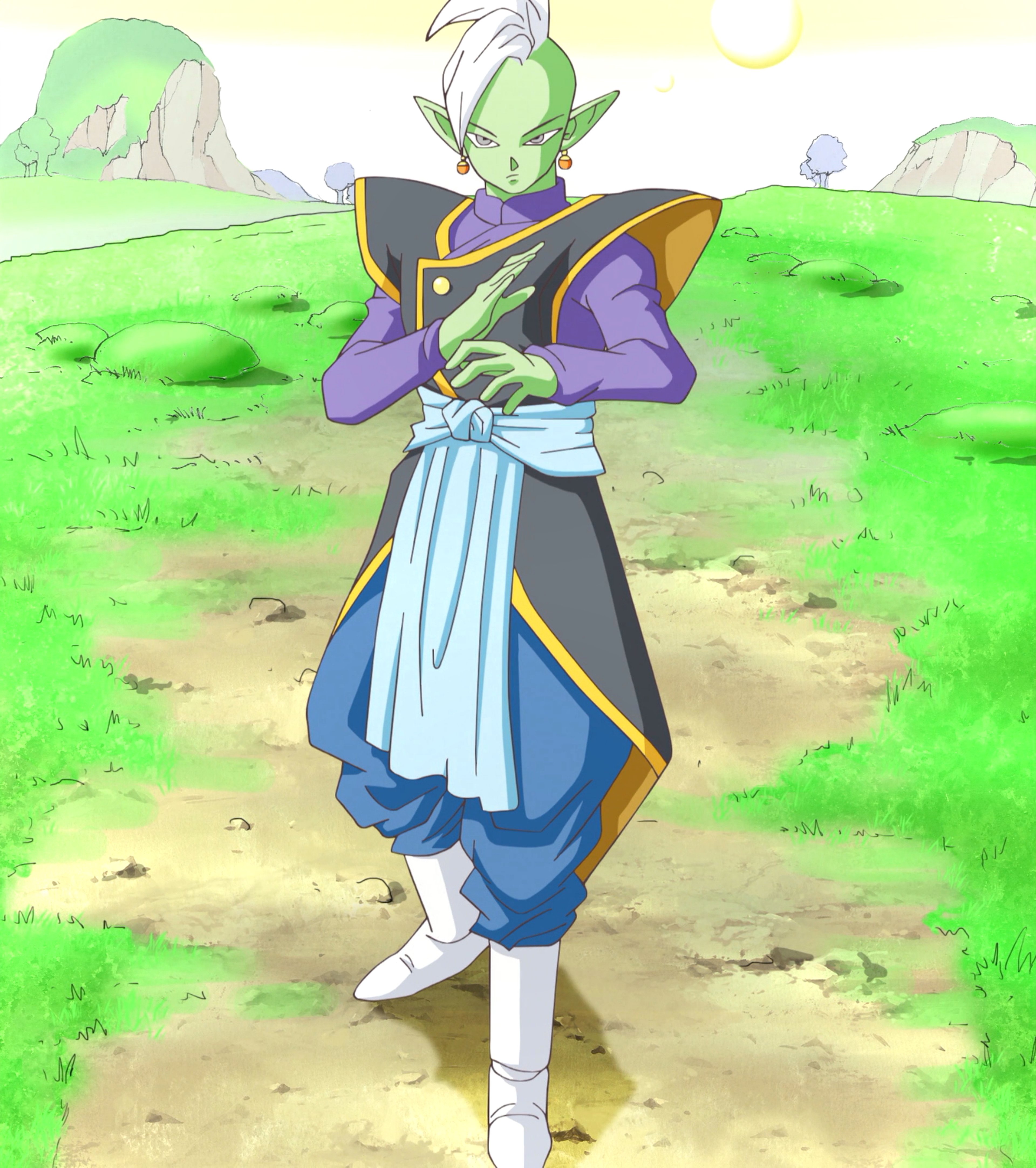 A green-skinned humanoid character in a purple outfit standing in a grassy outdoor setting