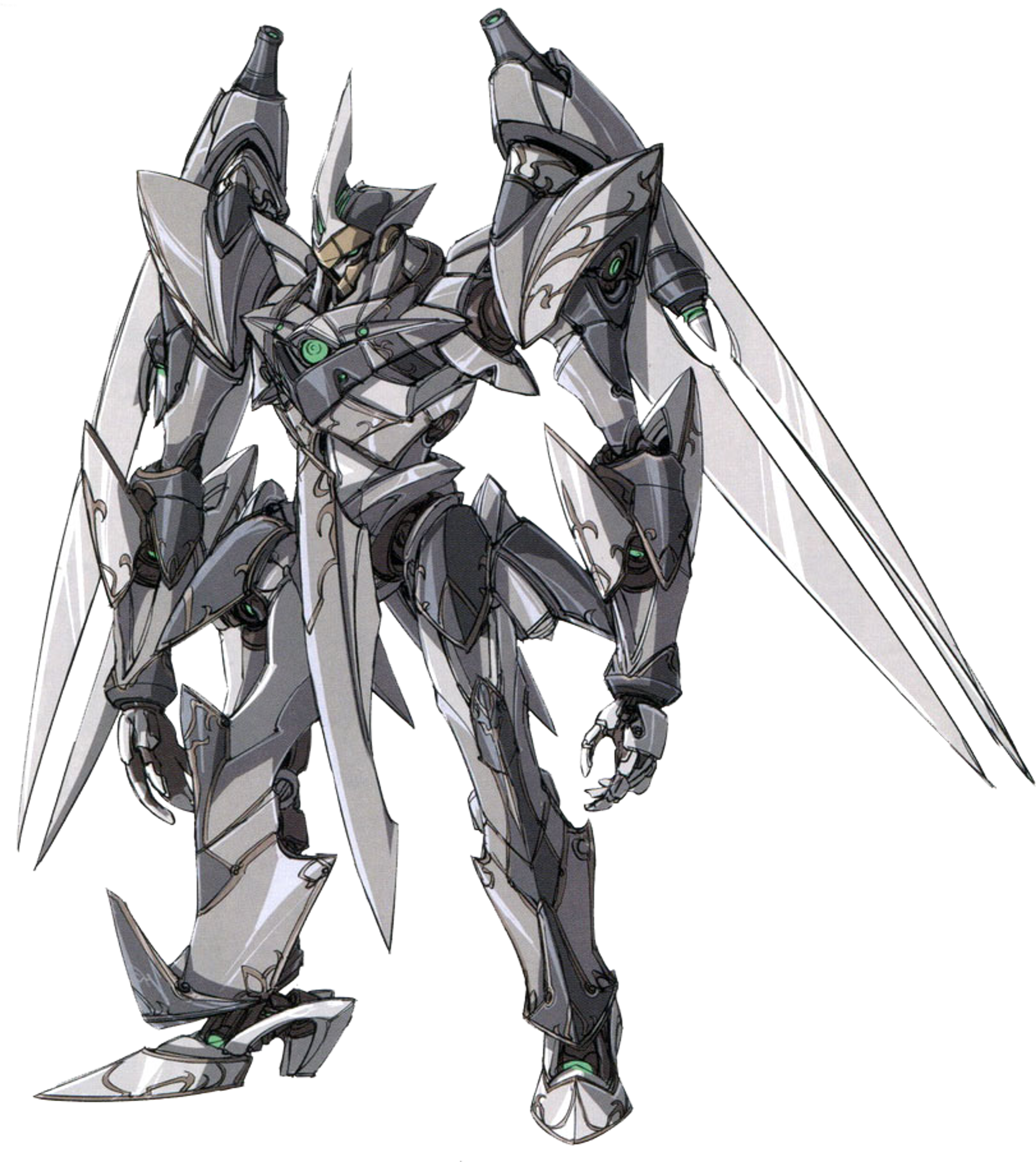 A highly detailed, mechanical humanoid figure with a sleek, angular design and a powerful, armored presence.