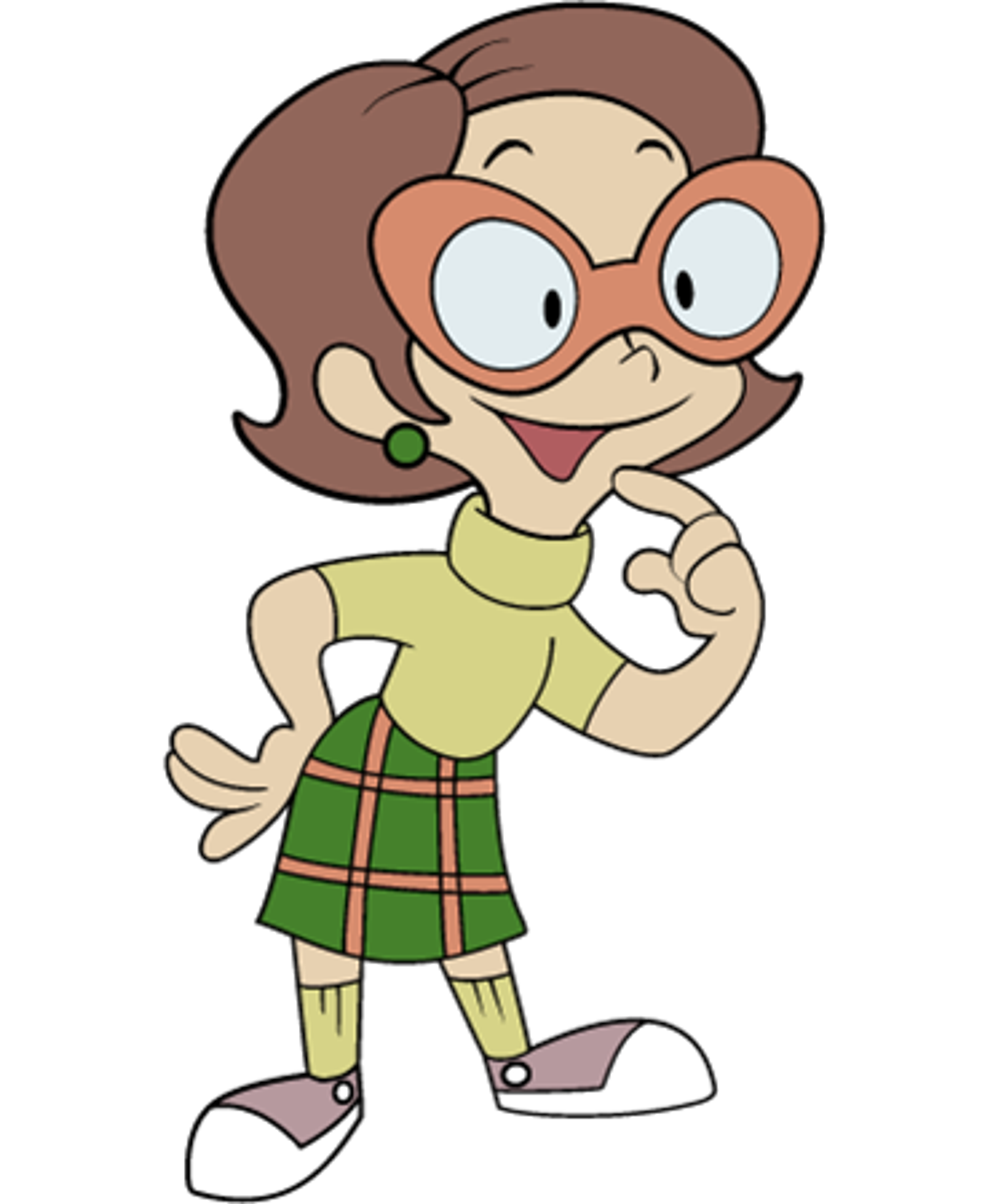 A cartoon image of a young Latina girl with large eyes and an overbite, wearing a green plaid skirt and yellow shirt.