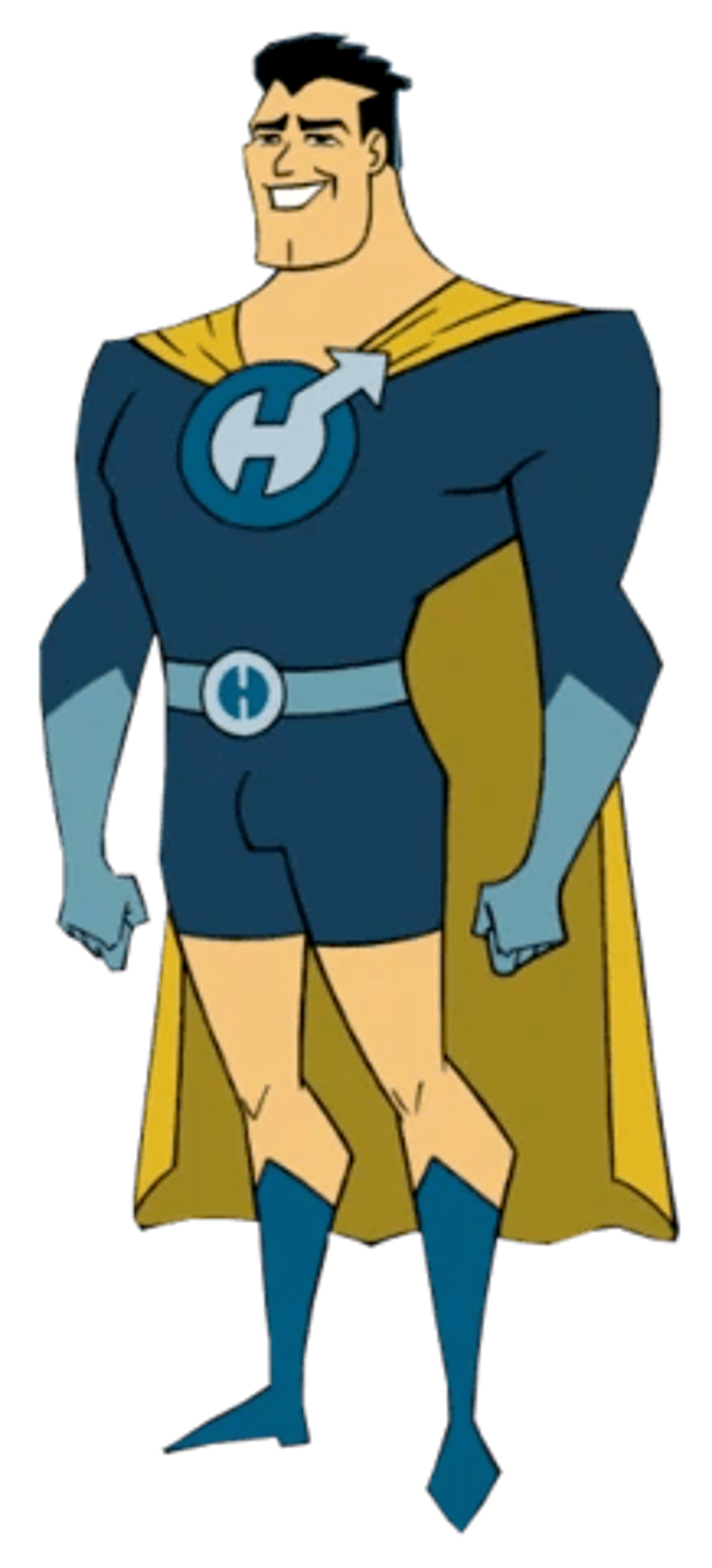 A muscular, heroic-looking male superhero character in a blue and yellow costume