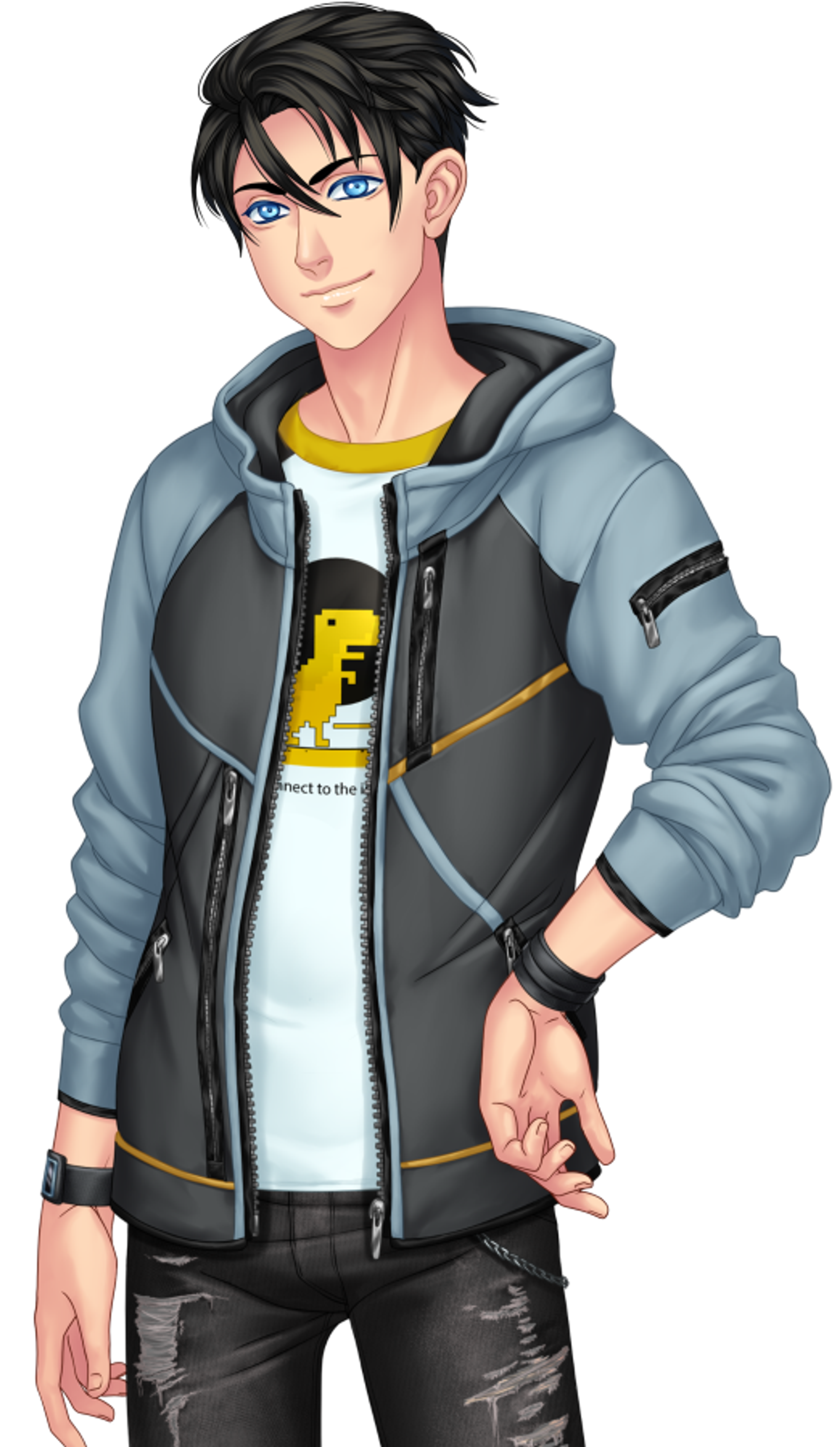 A young man with black hair and blue eyes wearing a gray hooded jacket