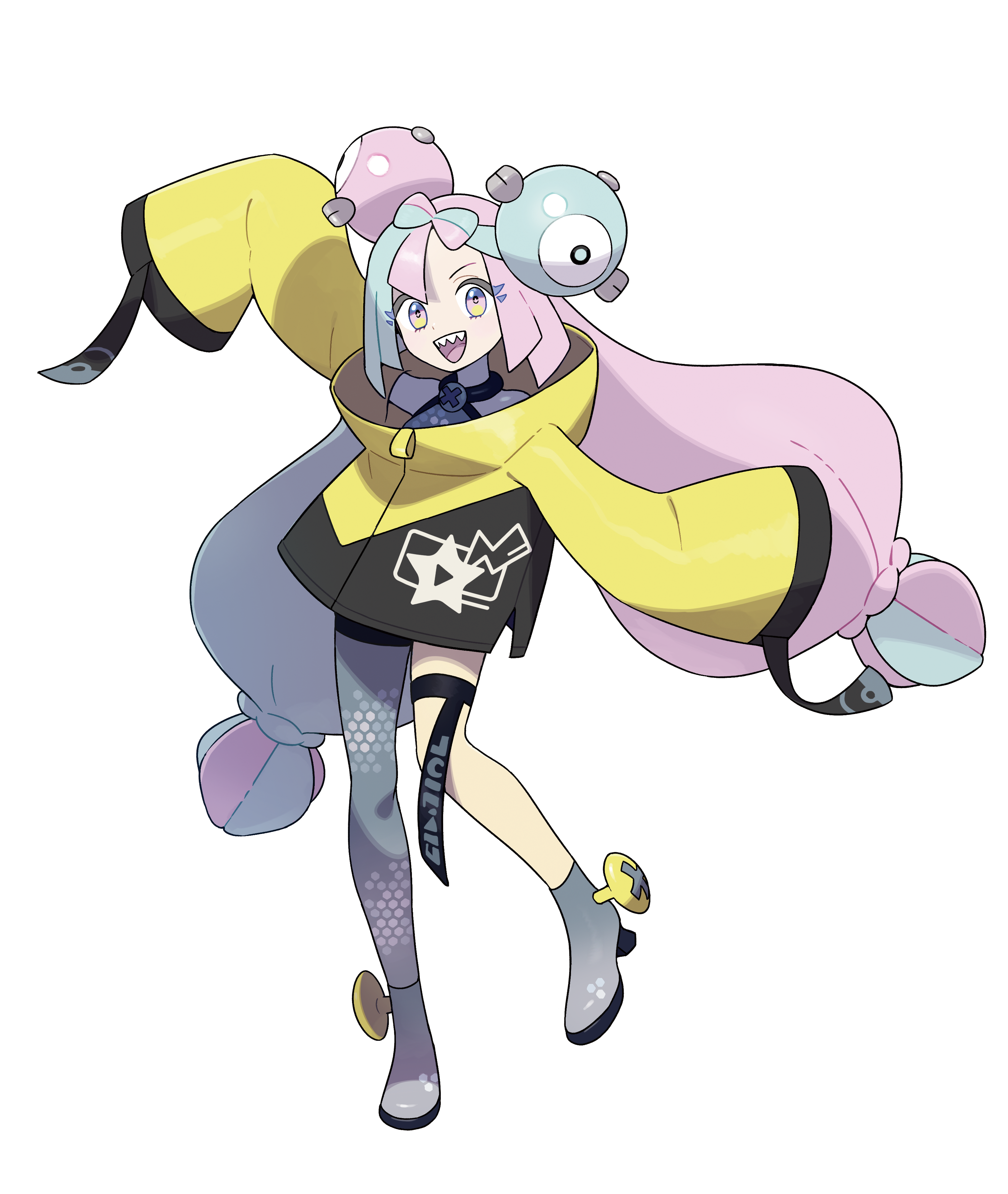 An animated female character with pink hair and an energetic, expressive appearance wearing a yellow and black outfit.