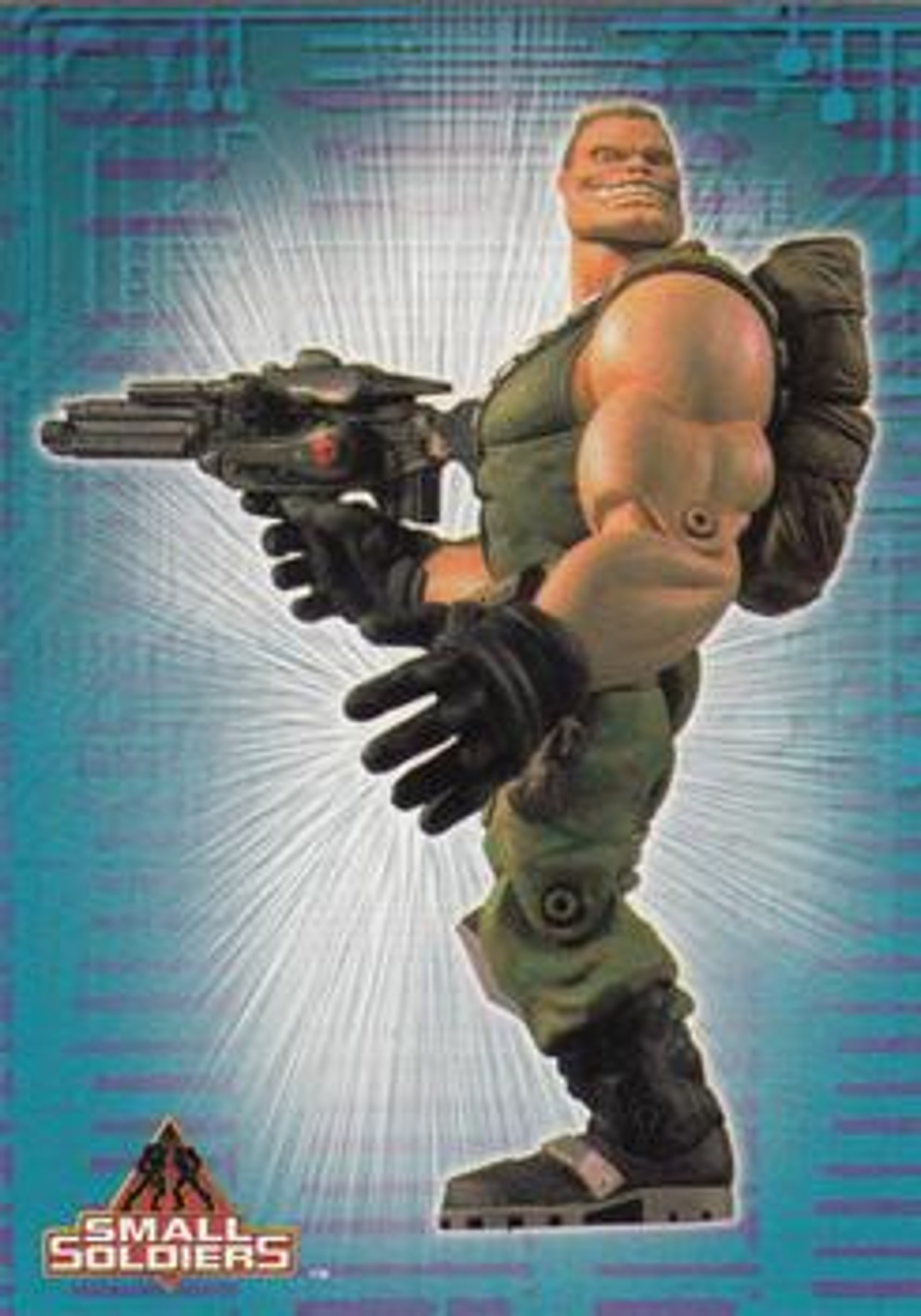 A muscular, bald male character in a green military vest holding a large bazooka-style weapon