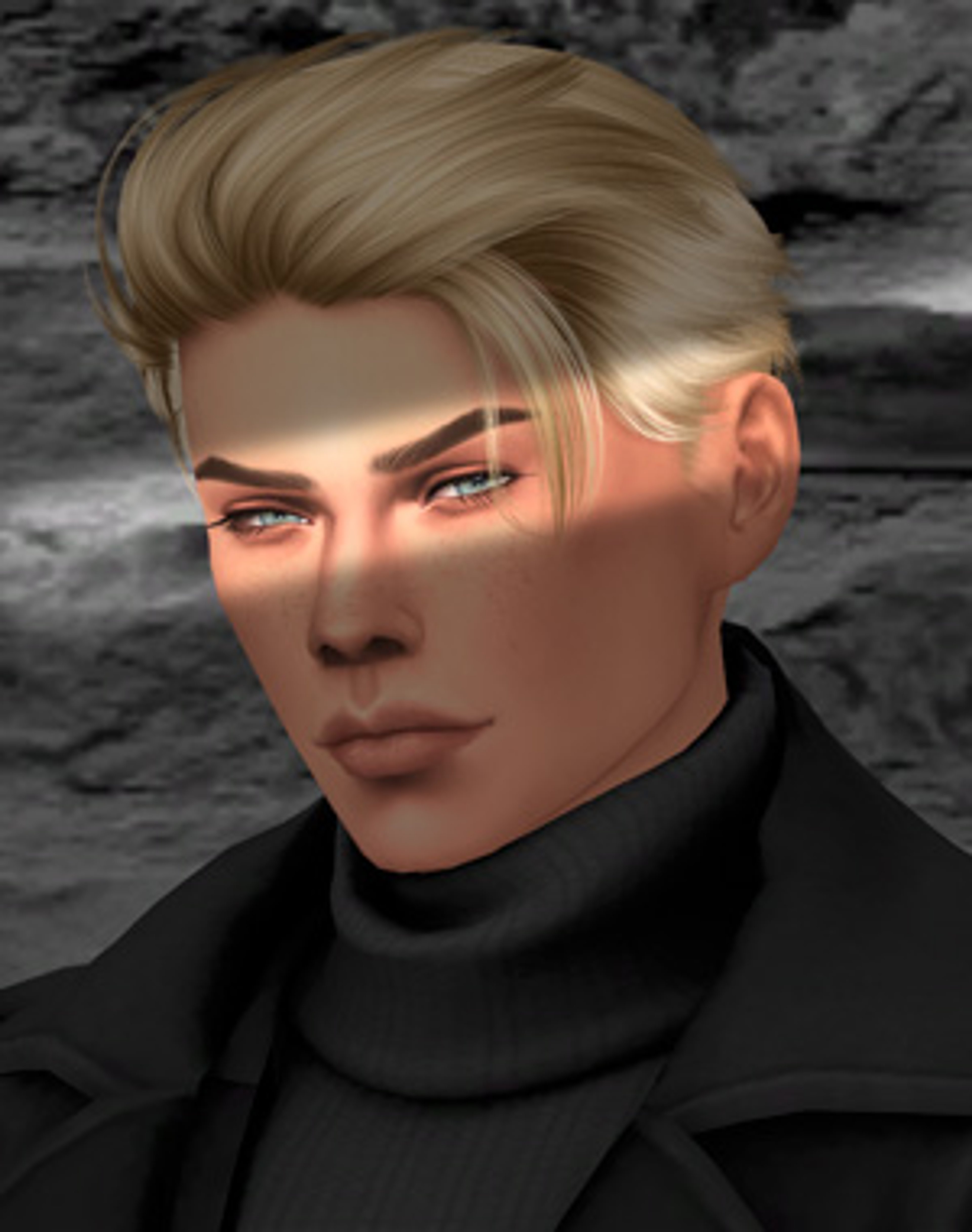 A handsome, muscular male character with blonde hair and blue eyes wearing a black turtleneck sweater.