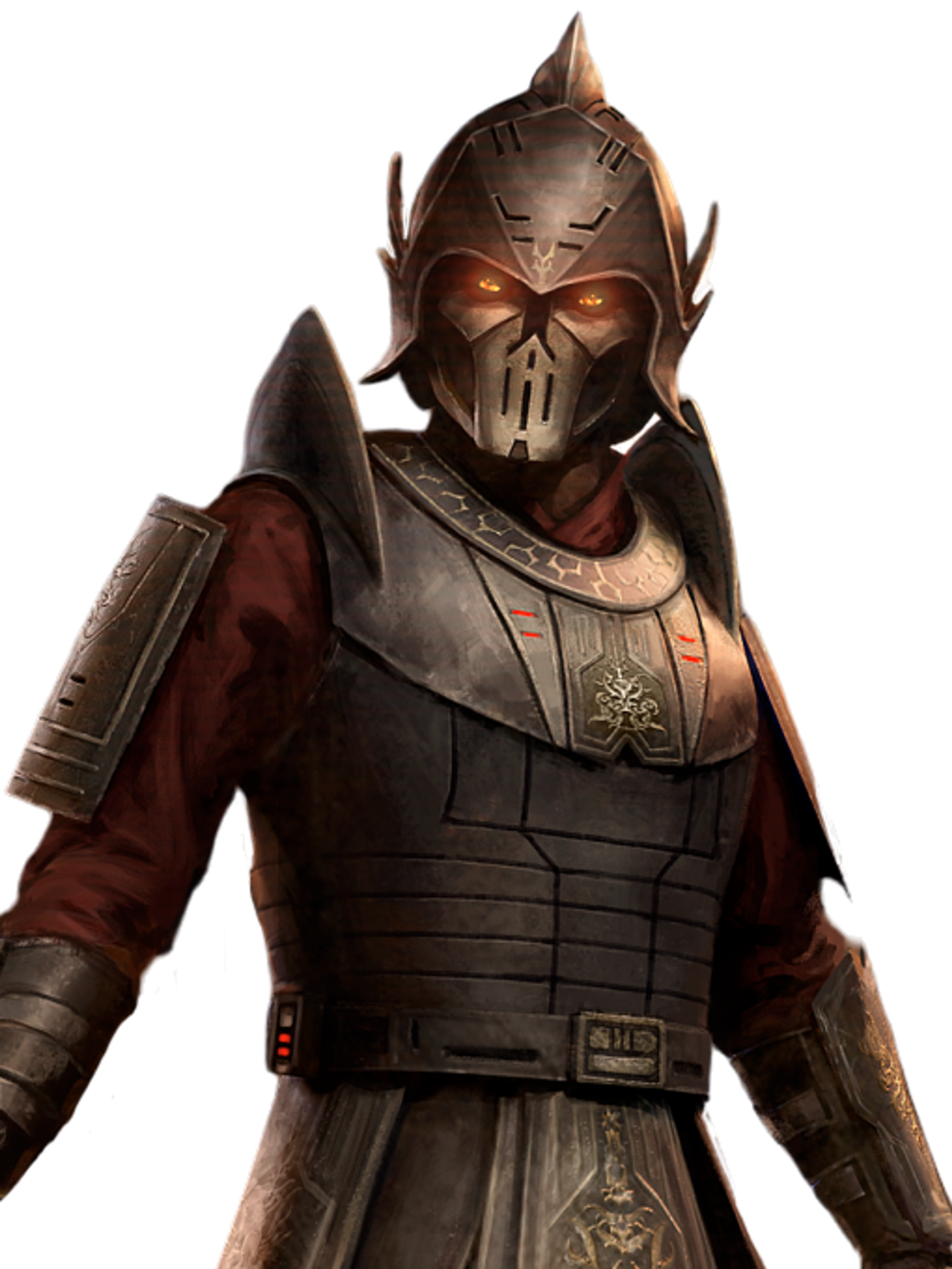 A heavily armored and masked Sith Lord character from the Star Wars universe