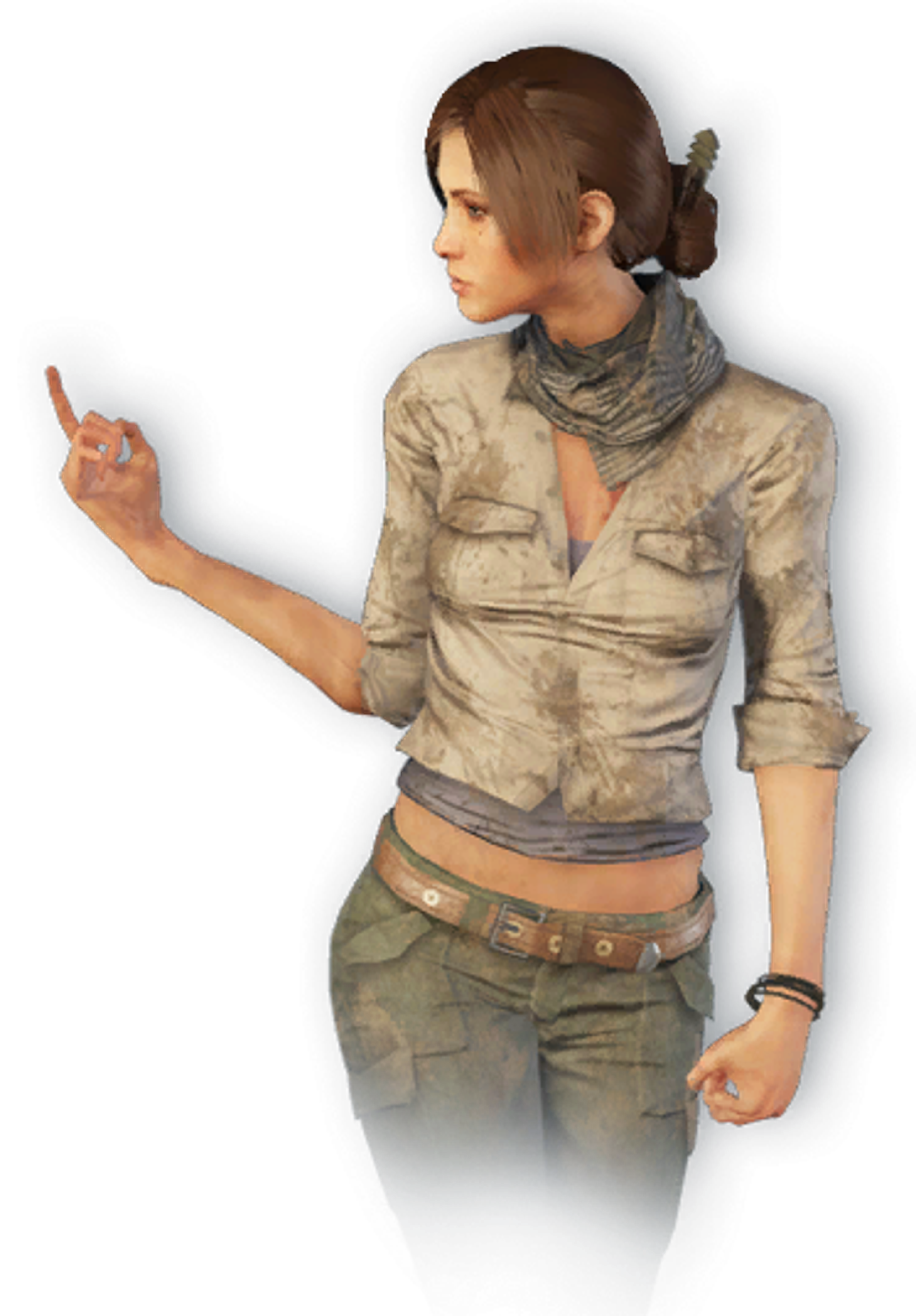 A young woman with brown hair in a ponytail, wearing a tan jacket and pants, pointing with a determined expression.