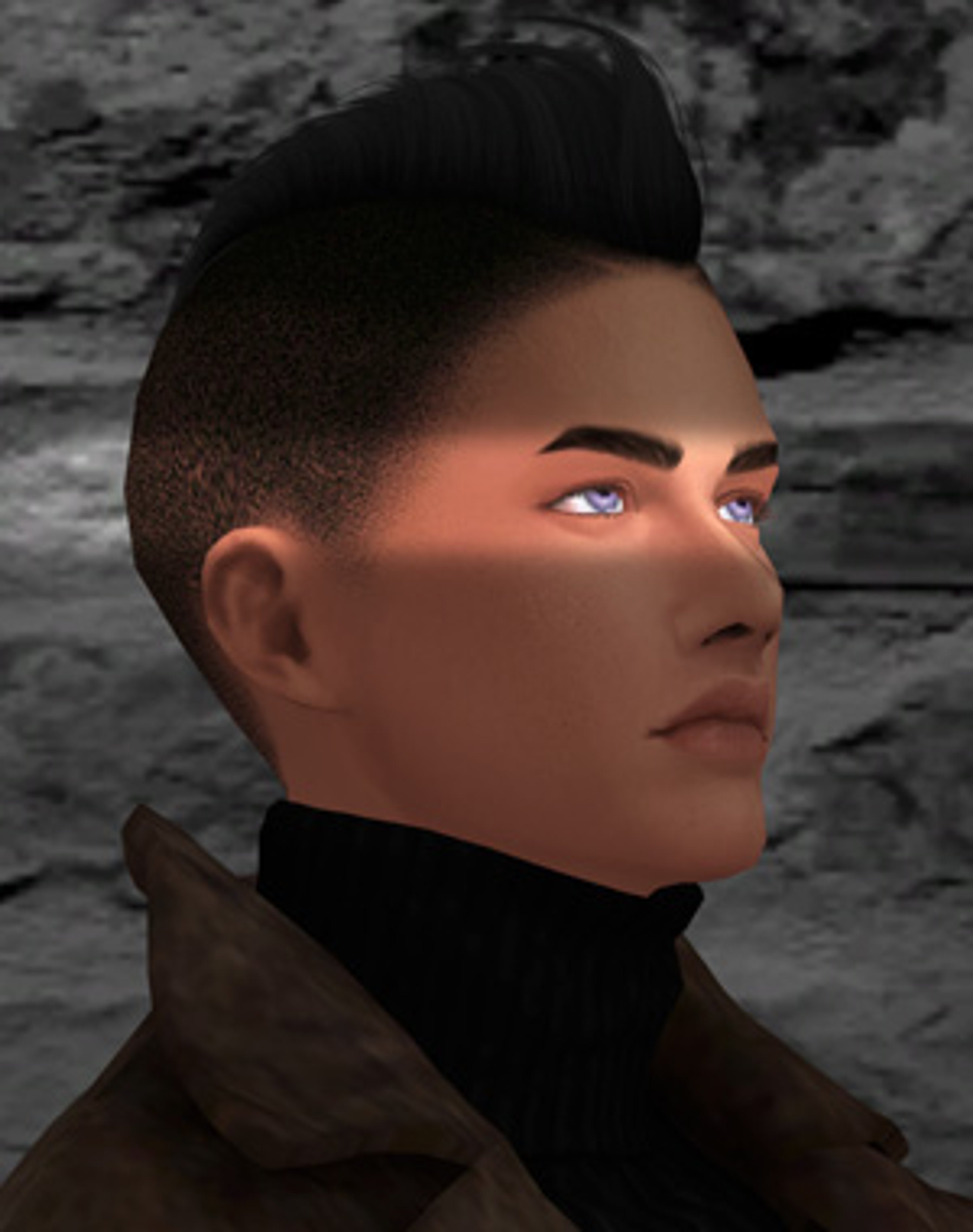 A male character with dark hair and a serious expression, wearing a black collared shirt or jacket.
