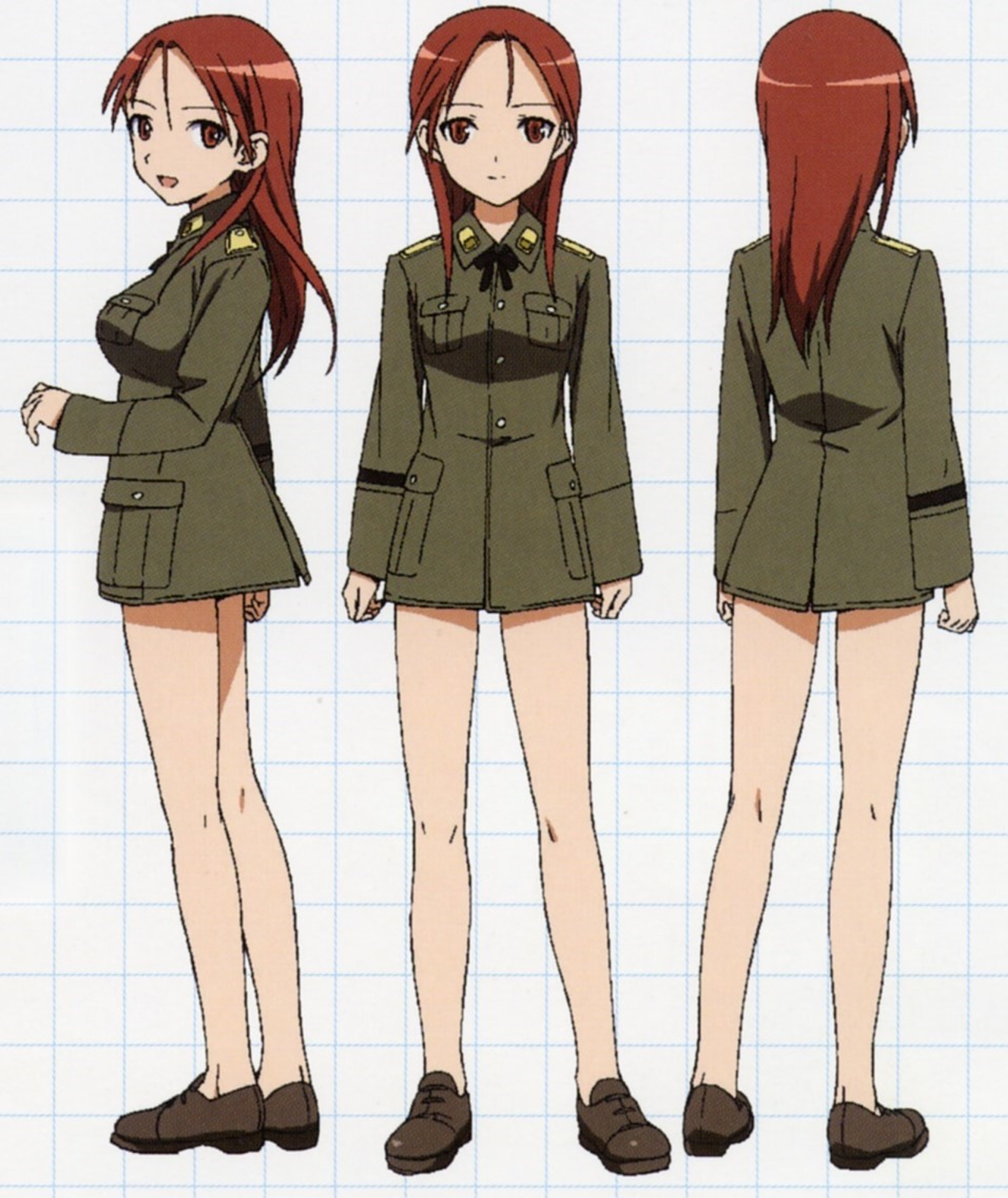 A woman in a military uniform with reddish-brown hair and blue eyes