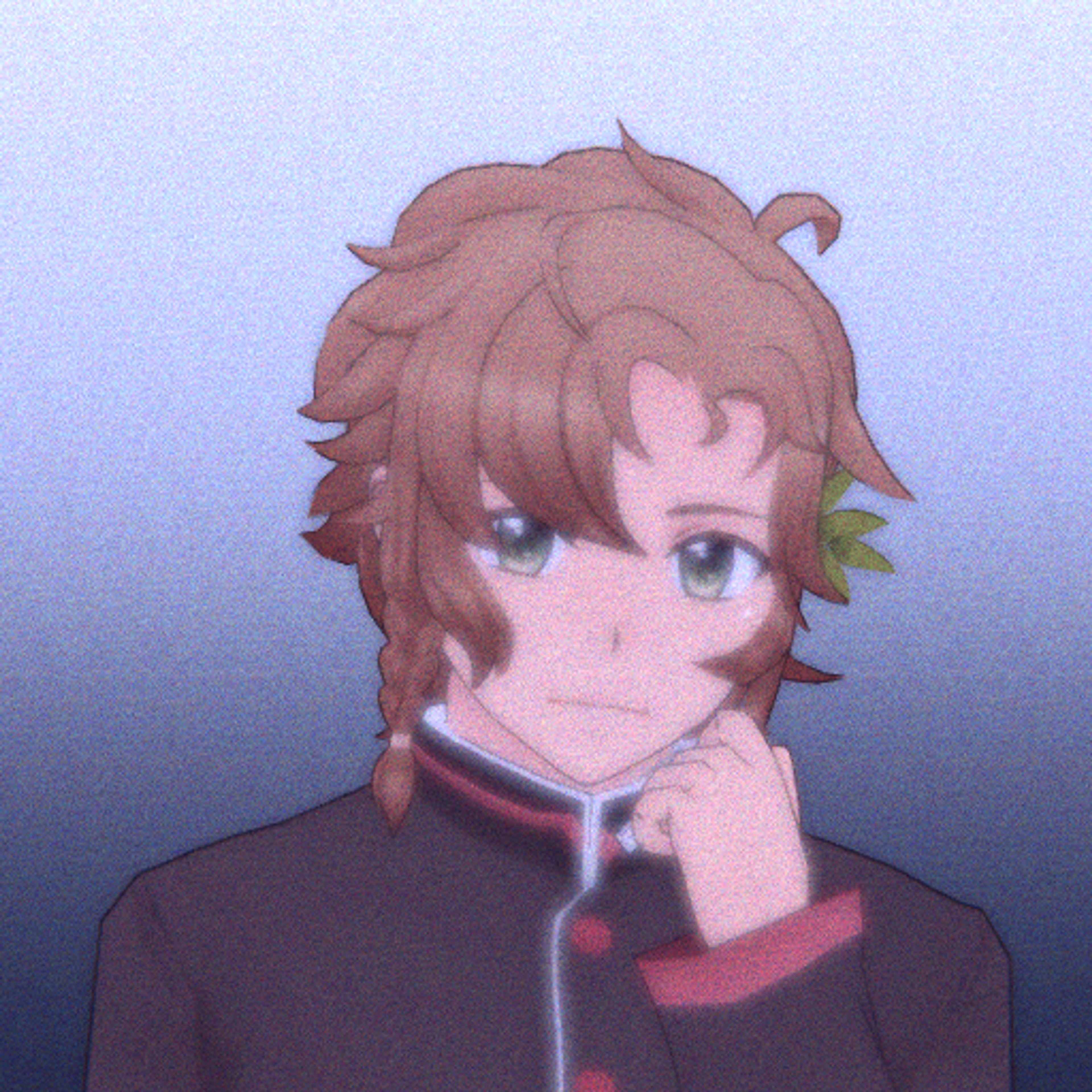 An anime-style character with messy dirty blonde hair, a braid, and olive green eyes