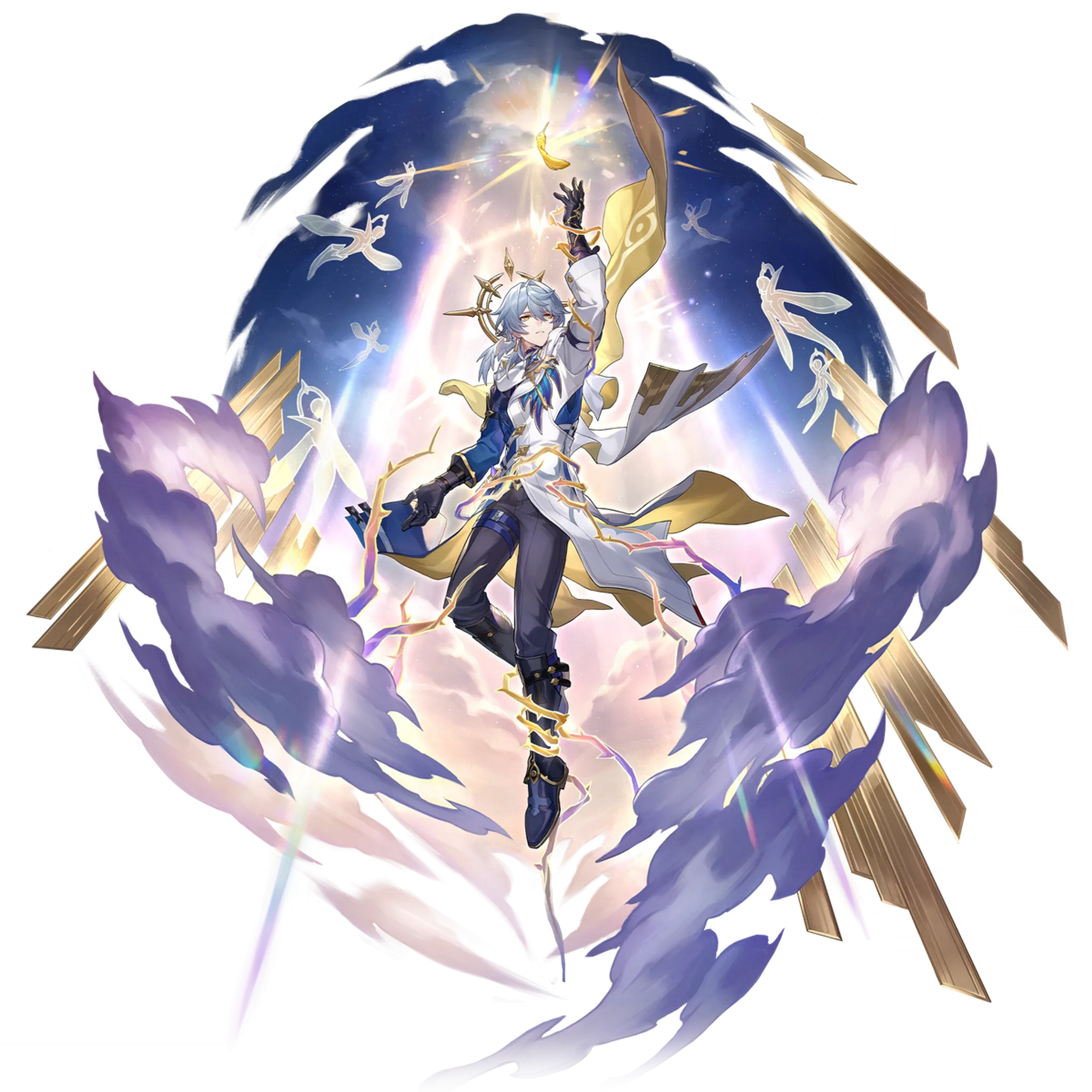 A humanoid alien character with angelic features, including wings and a halo, presented with aristocratic grace.