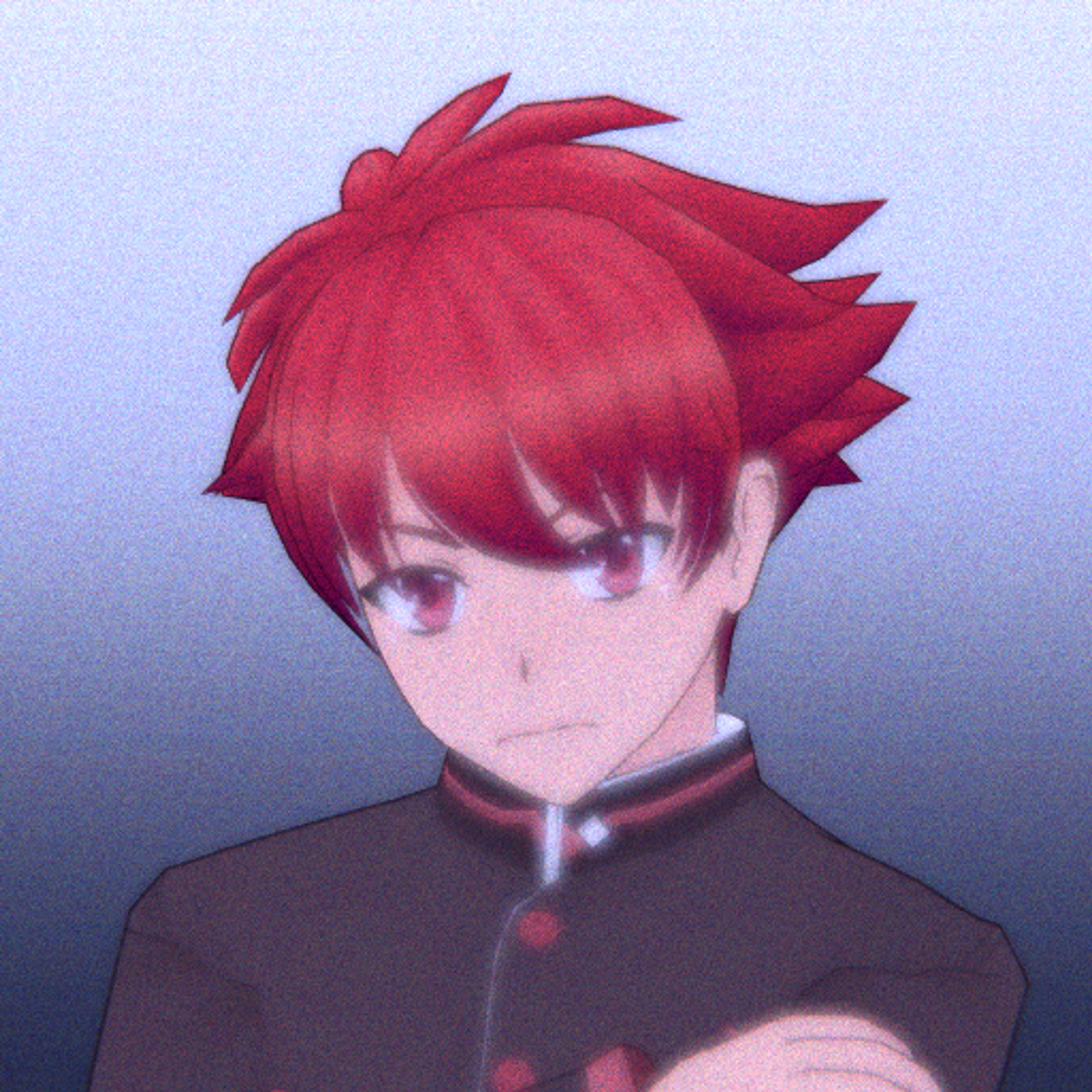 An anime-style character with red hair and freckles, wearing a dark school uniform