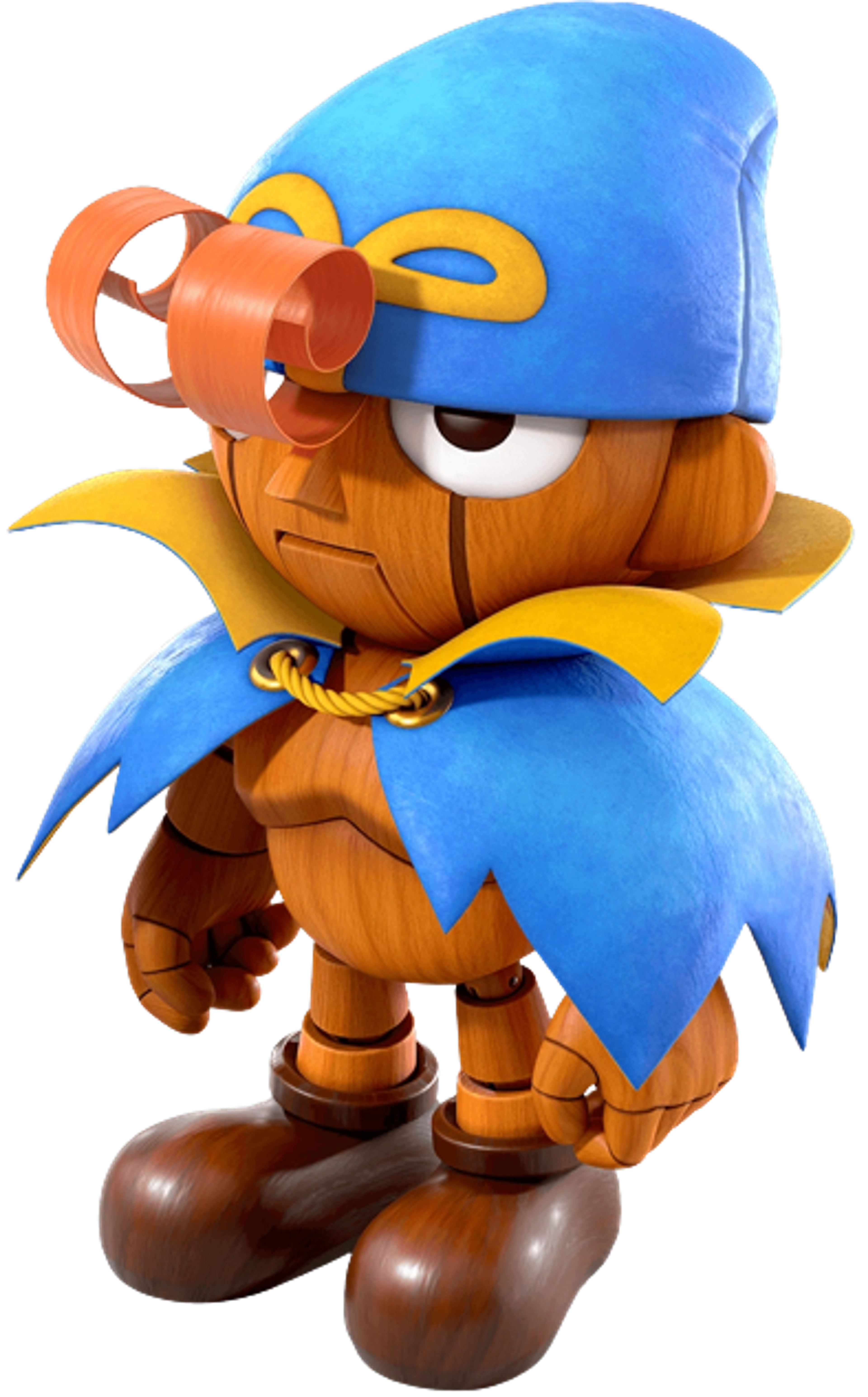 A detailed cartoon character resembling a wooden doll with a blue hat, yellow scarf, and orange body.