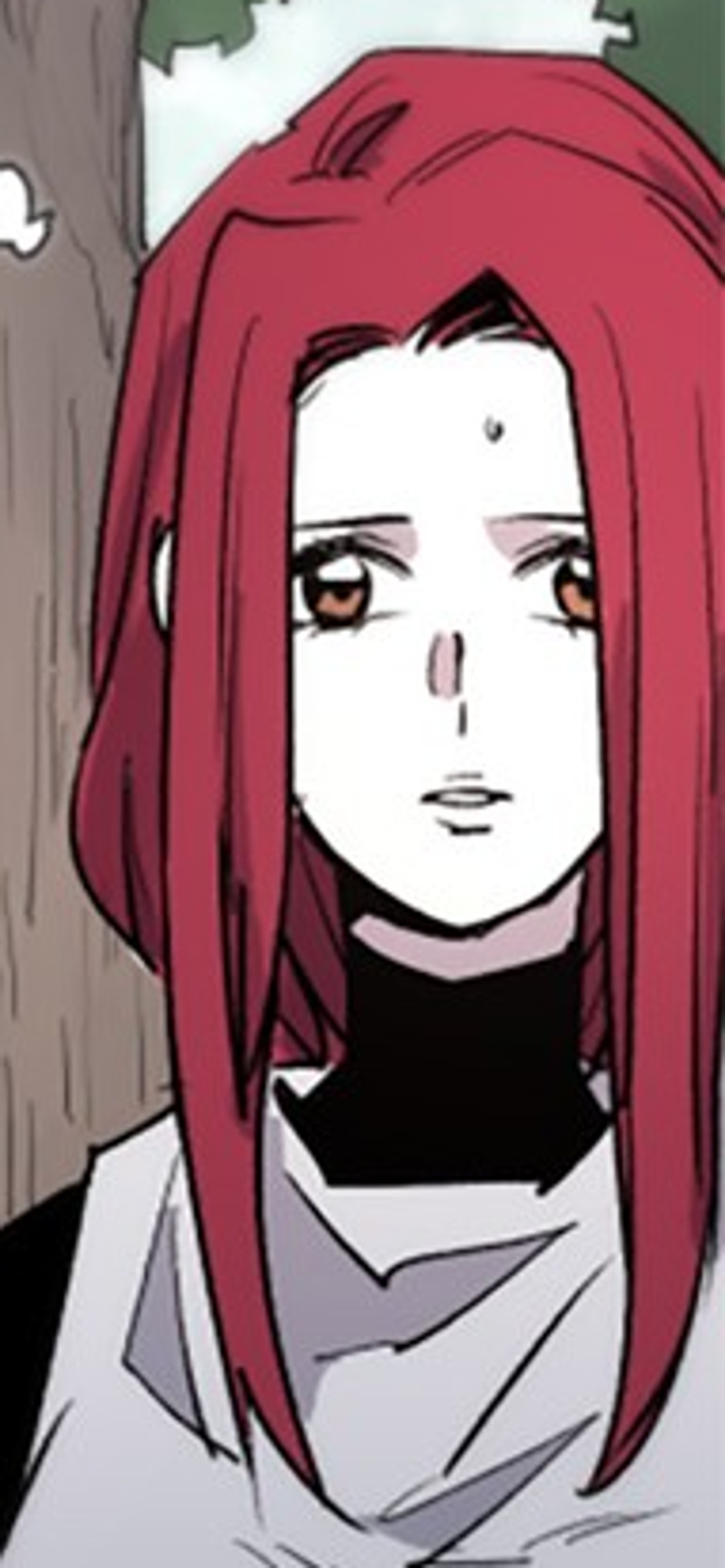A young woman with long red hair and hazel eyes, wearing a baggy dress and black underclothing.