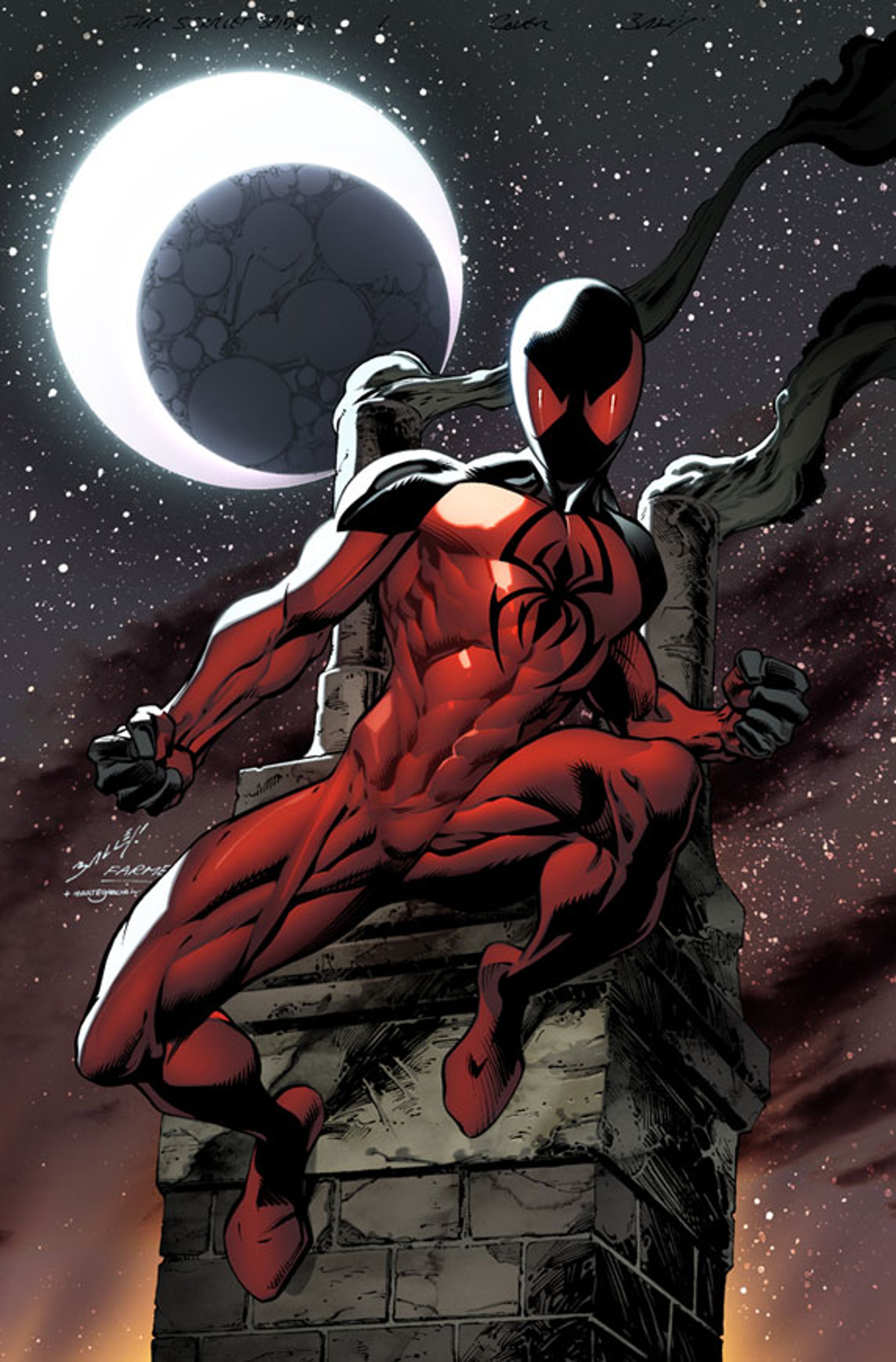 A muscular, scarred superhero figure in a red and black costume crouching on a ledge against a night sky with a full moon.