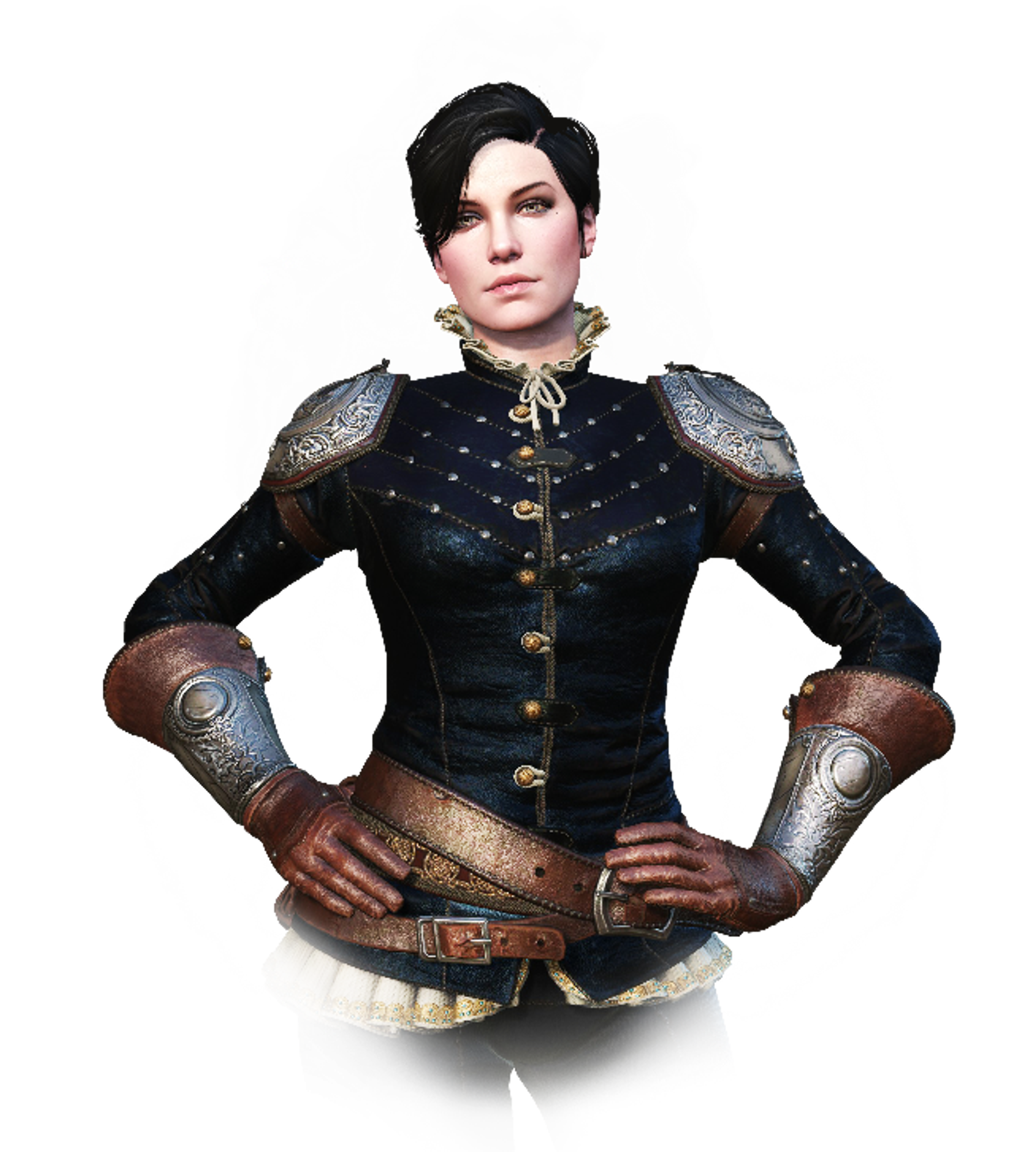 A woman with dark hair and blue eyes wearing an ornate military-style jacket