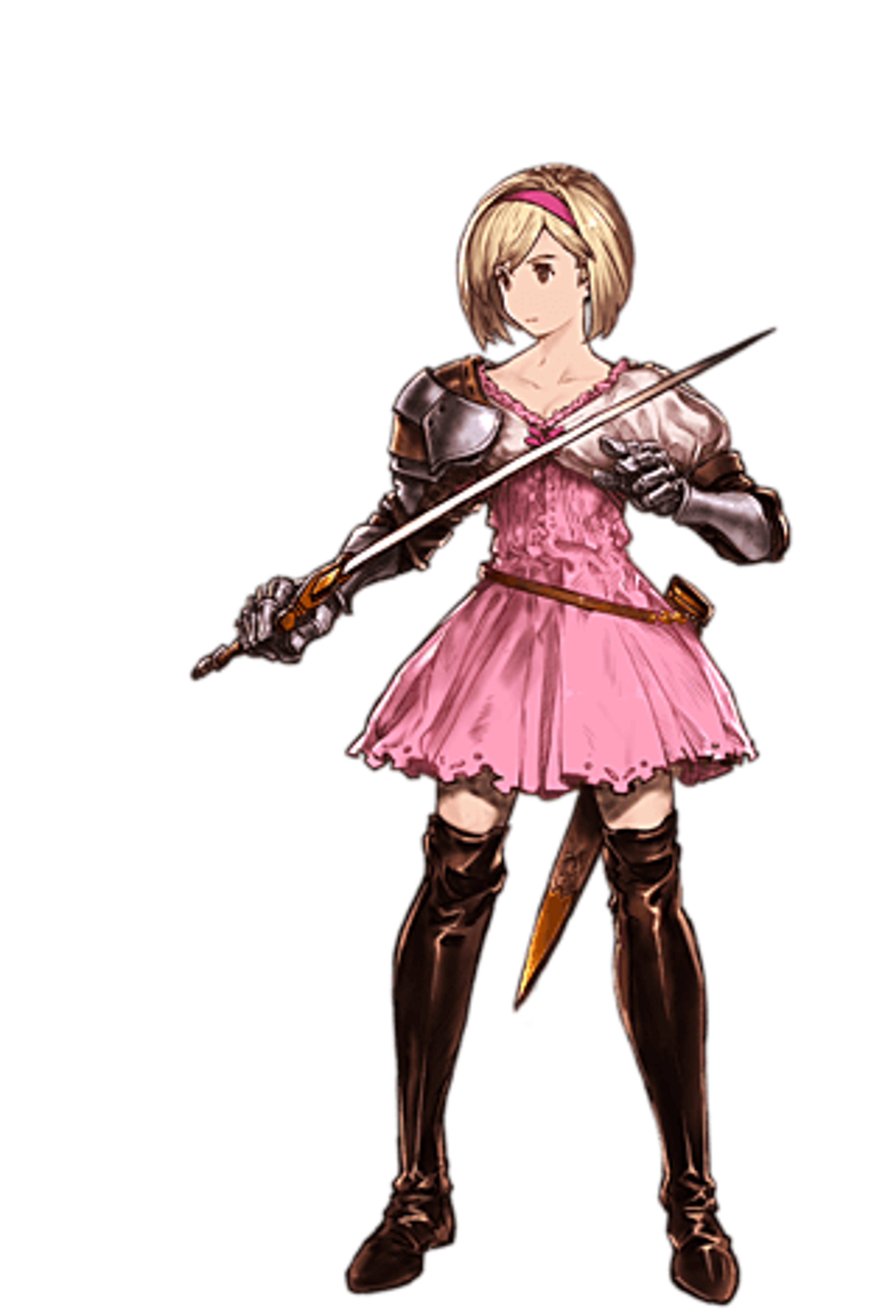 A young woman in a pink dress and cape, holding a weapon in a battle stance.