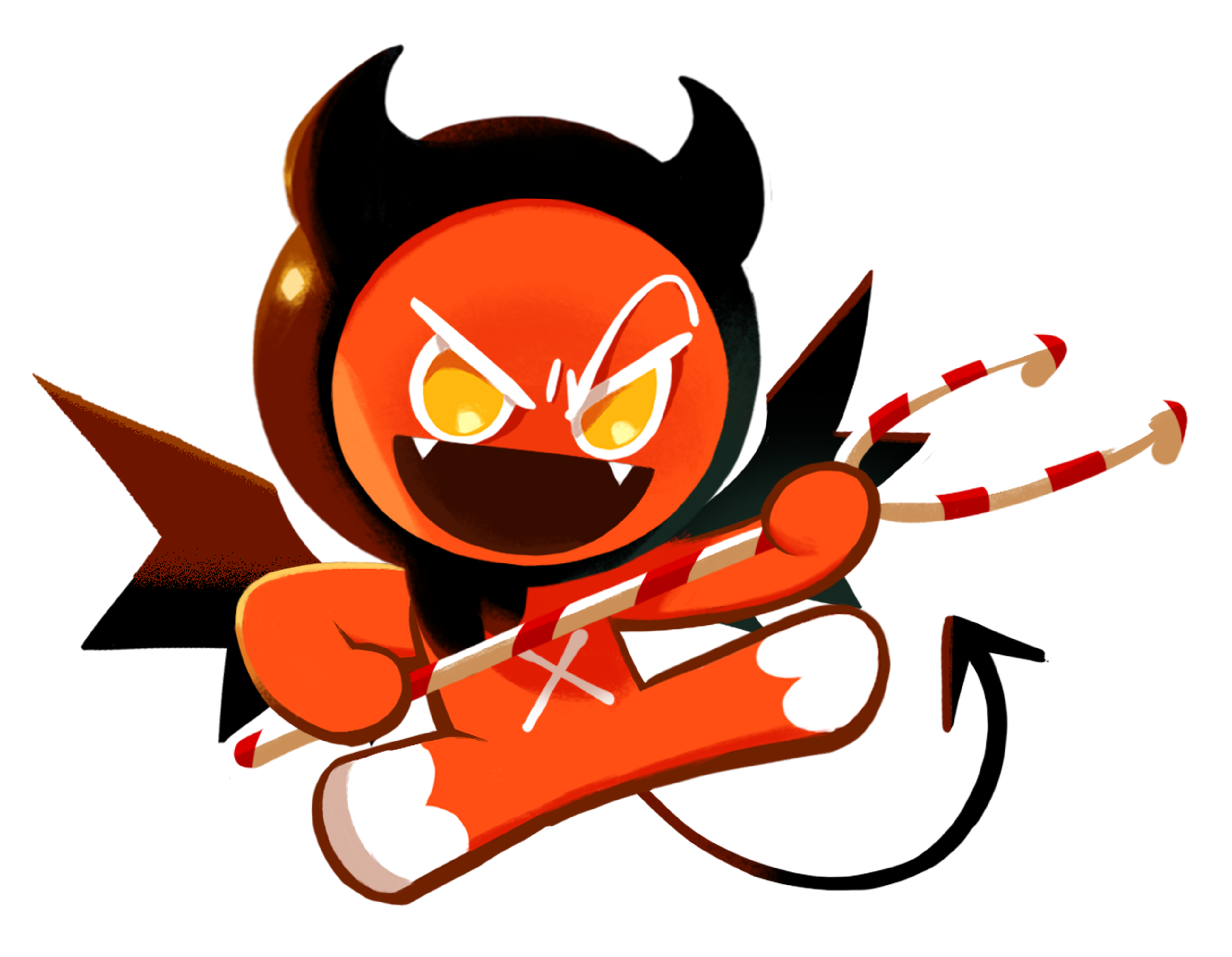 A demonic cookie character with horns, wings, and a pitchfork
