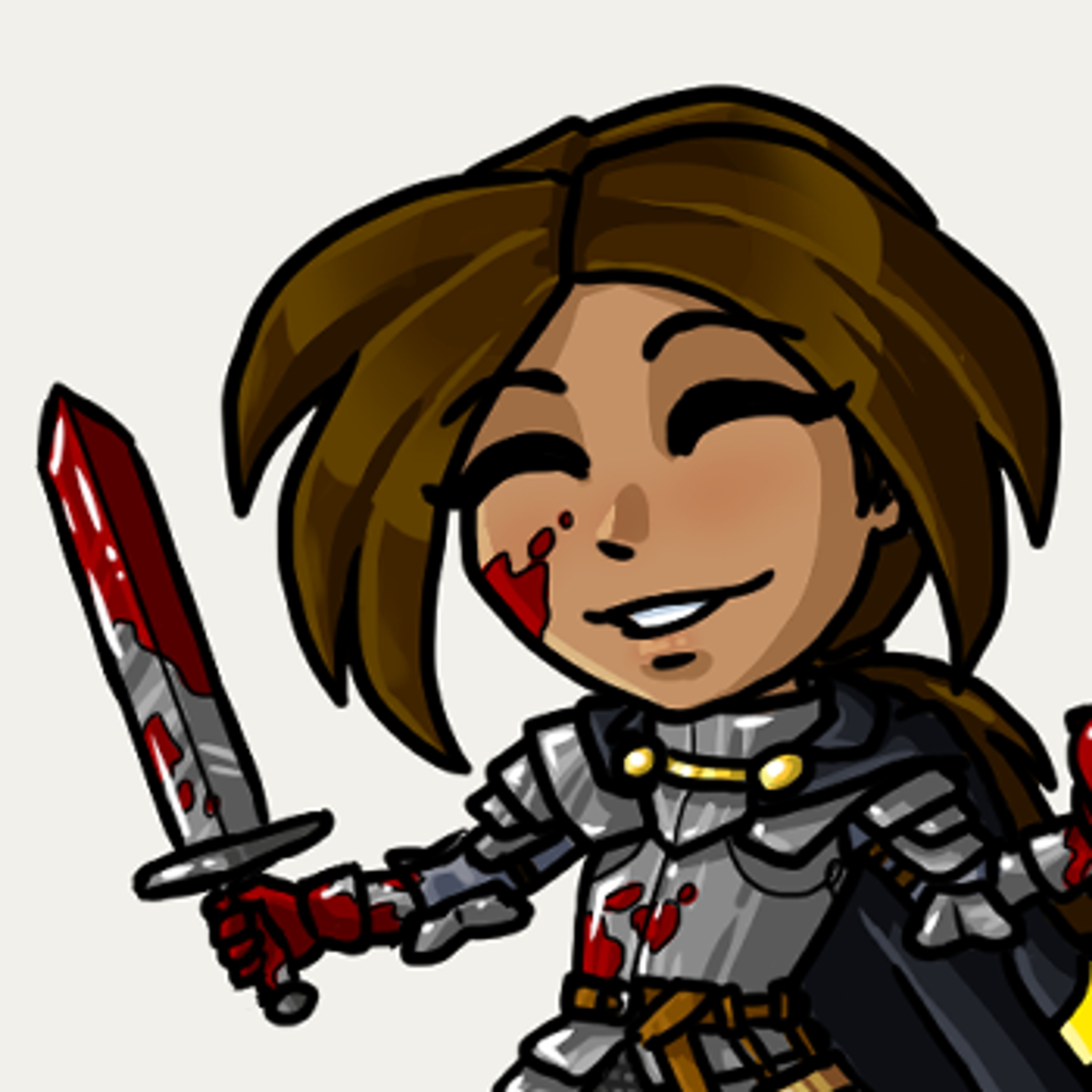A young woman in dark armor holding a large sword