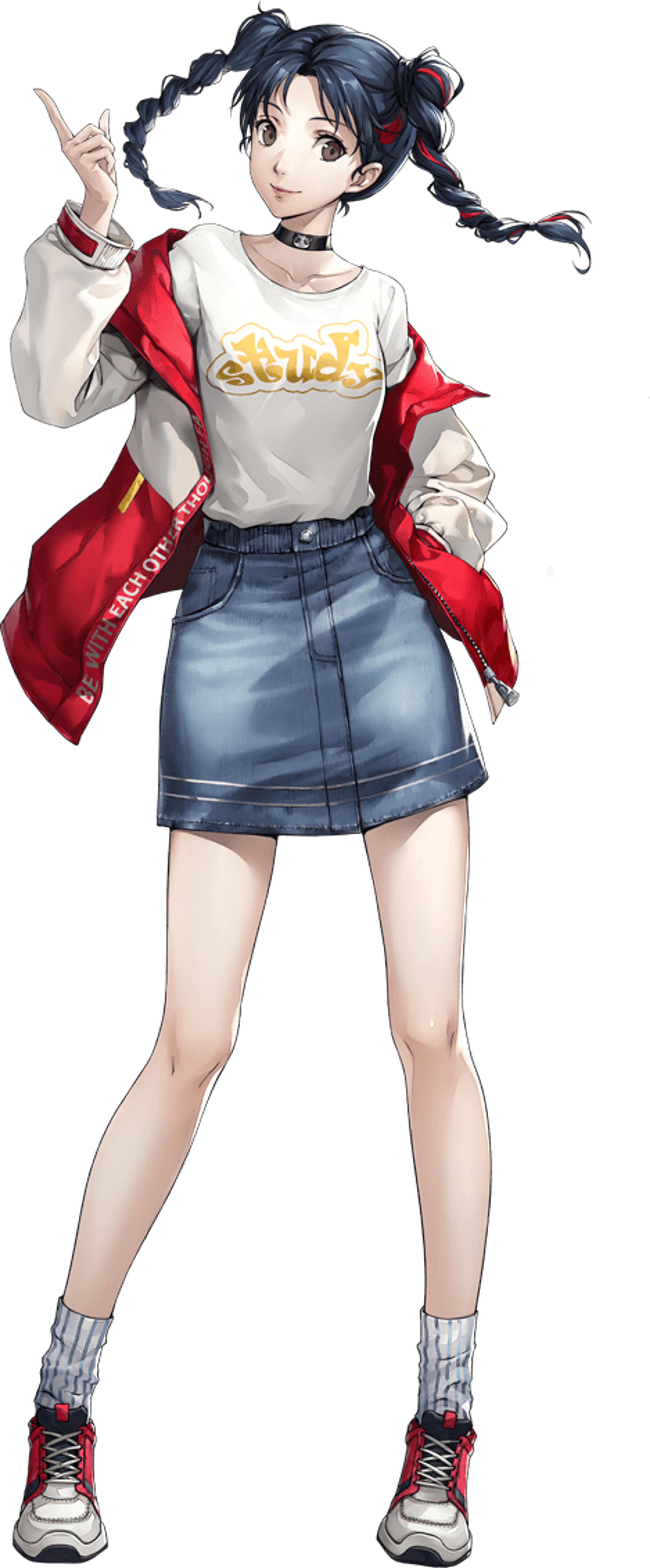 An anime-style character with black hair in braided pigtails, wearing a baggy jacket, denim skirt, and sneakers with a panda-decorated choker.