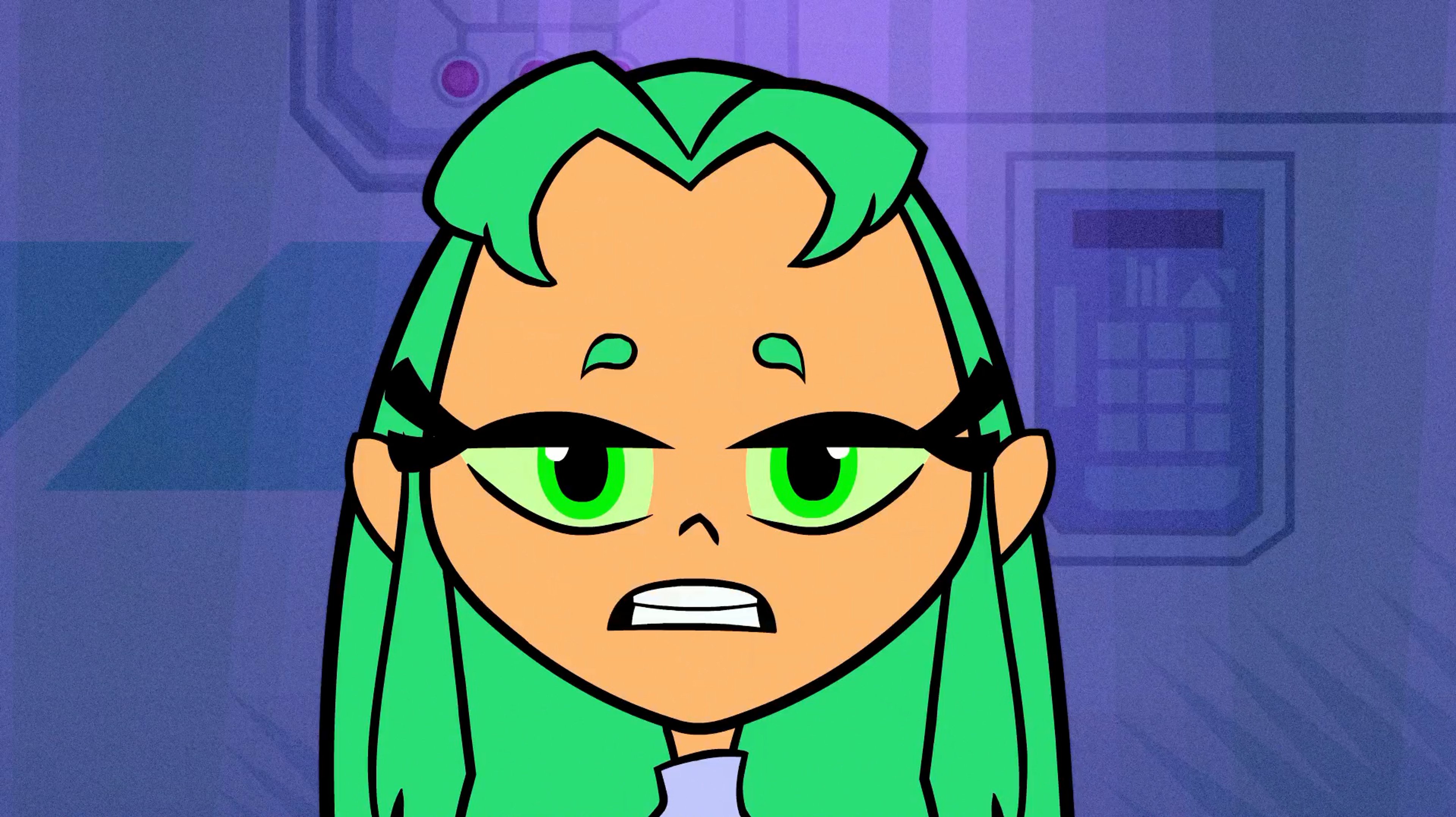 A cartoon character with green hair and sea green attire, making a disgusted facial expression.