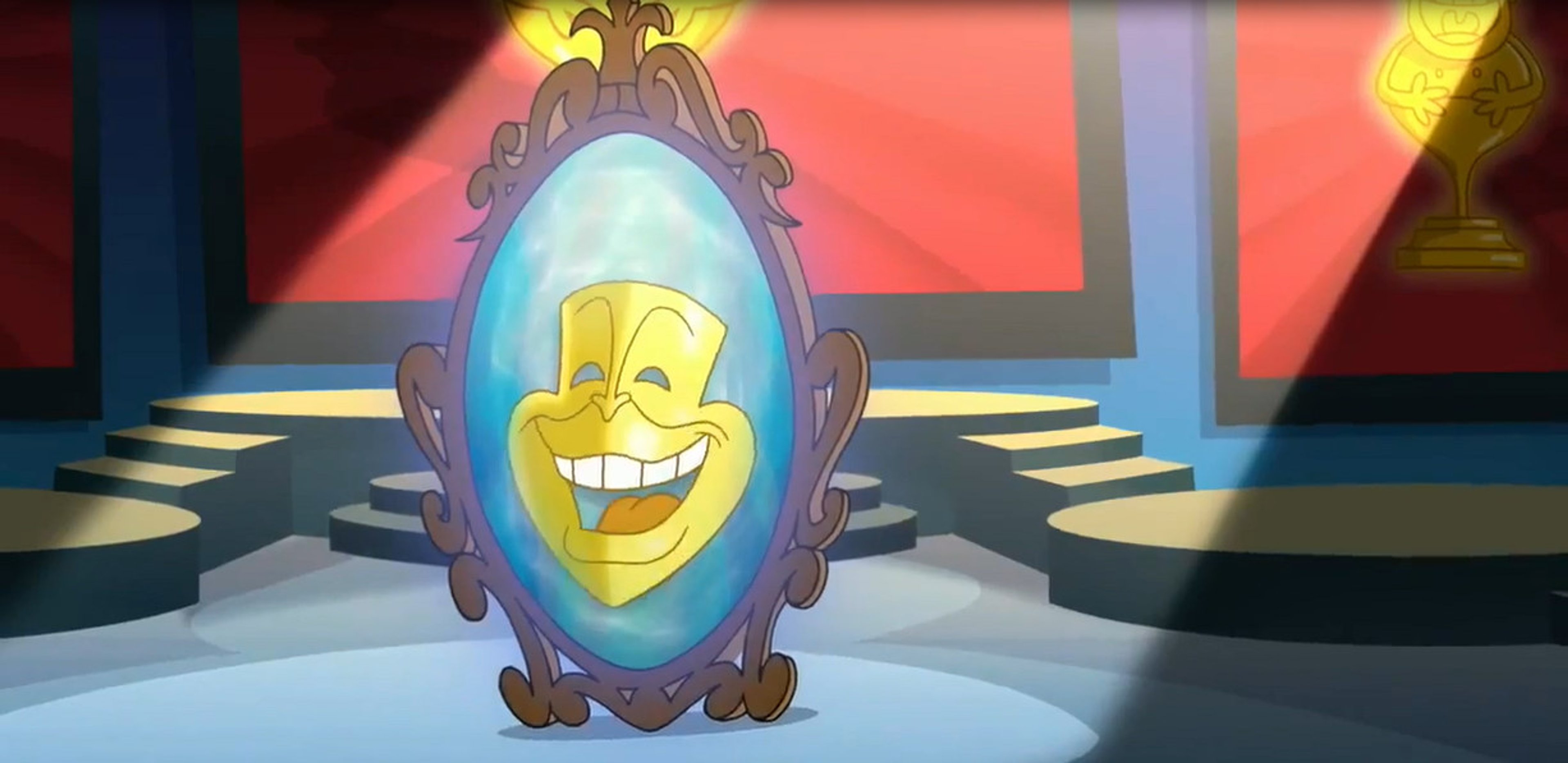 An animated witch character with colorful hair and an exaggerated, grinning expression