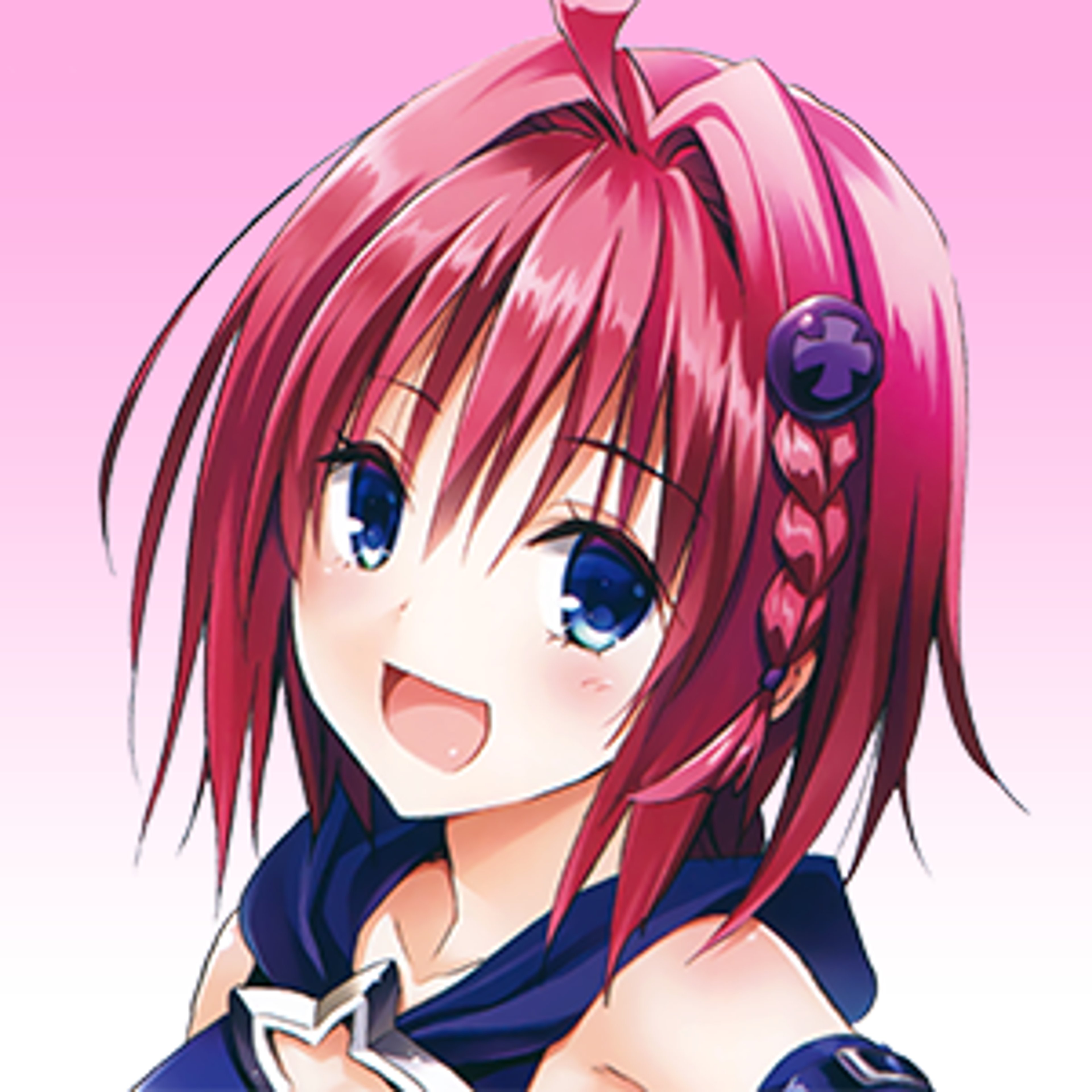 An anime-style girl with long red braided hair, violet-blue eyes, and a Gothic-style battle outfit